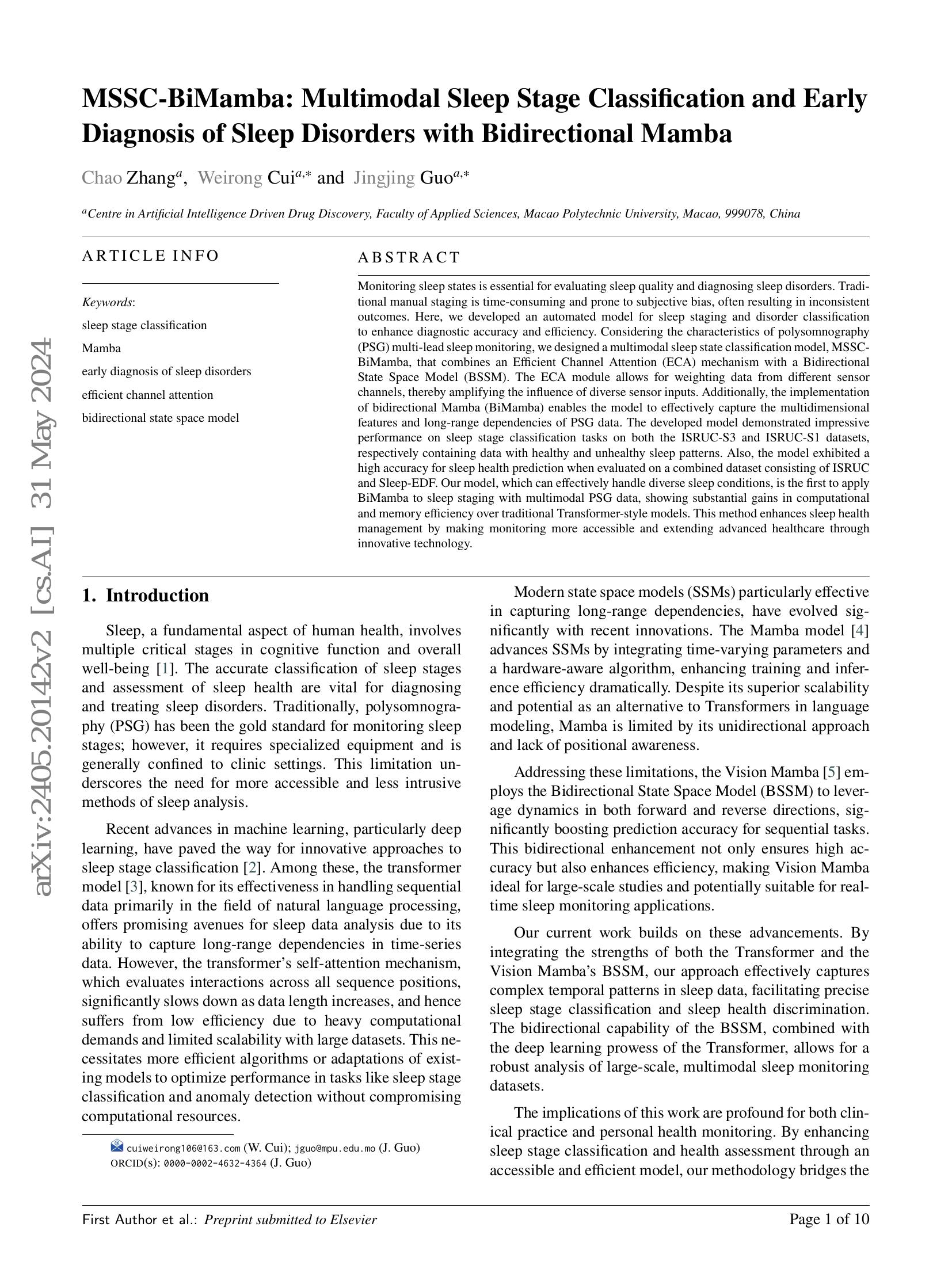 MSSC-BiMamba: Multimodal Sleep Stage Classification and Early Diagnosis ...