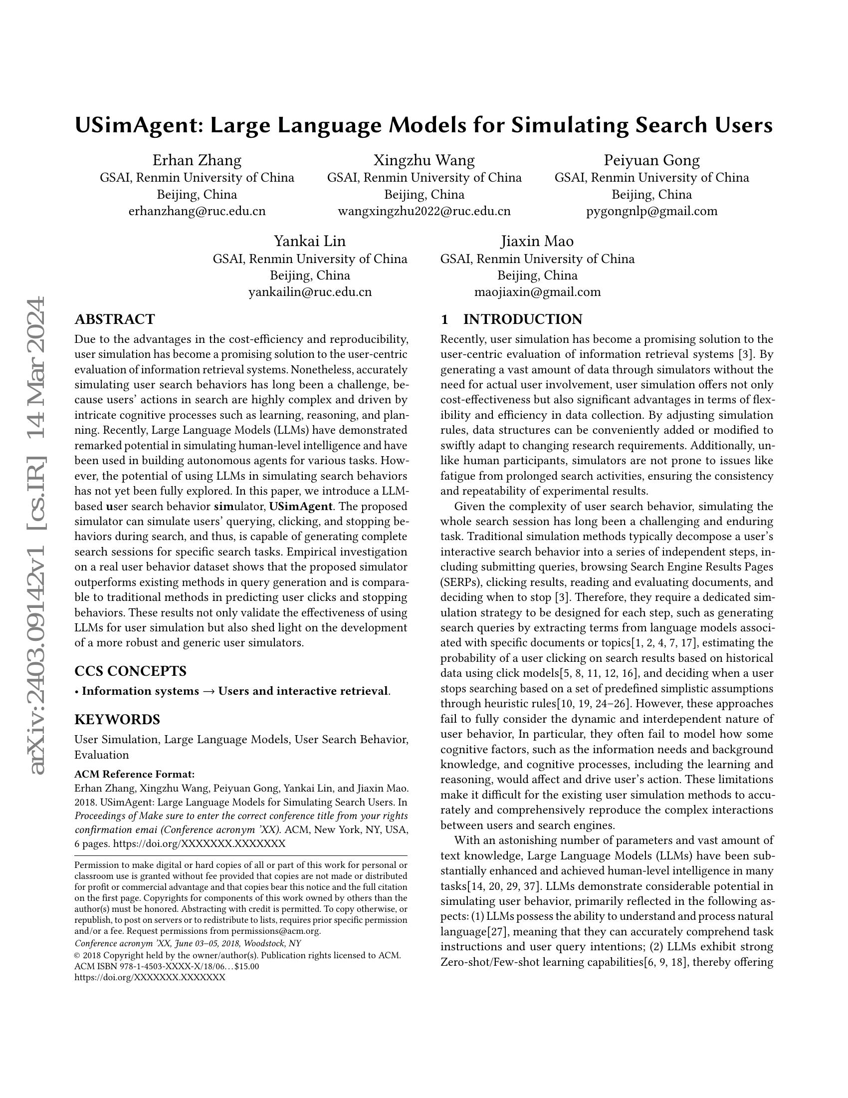 USimAgent: Large Language Models for Simulating Search Users - 智源社区论文