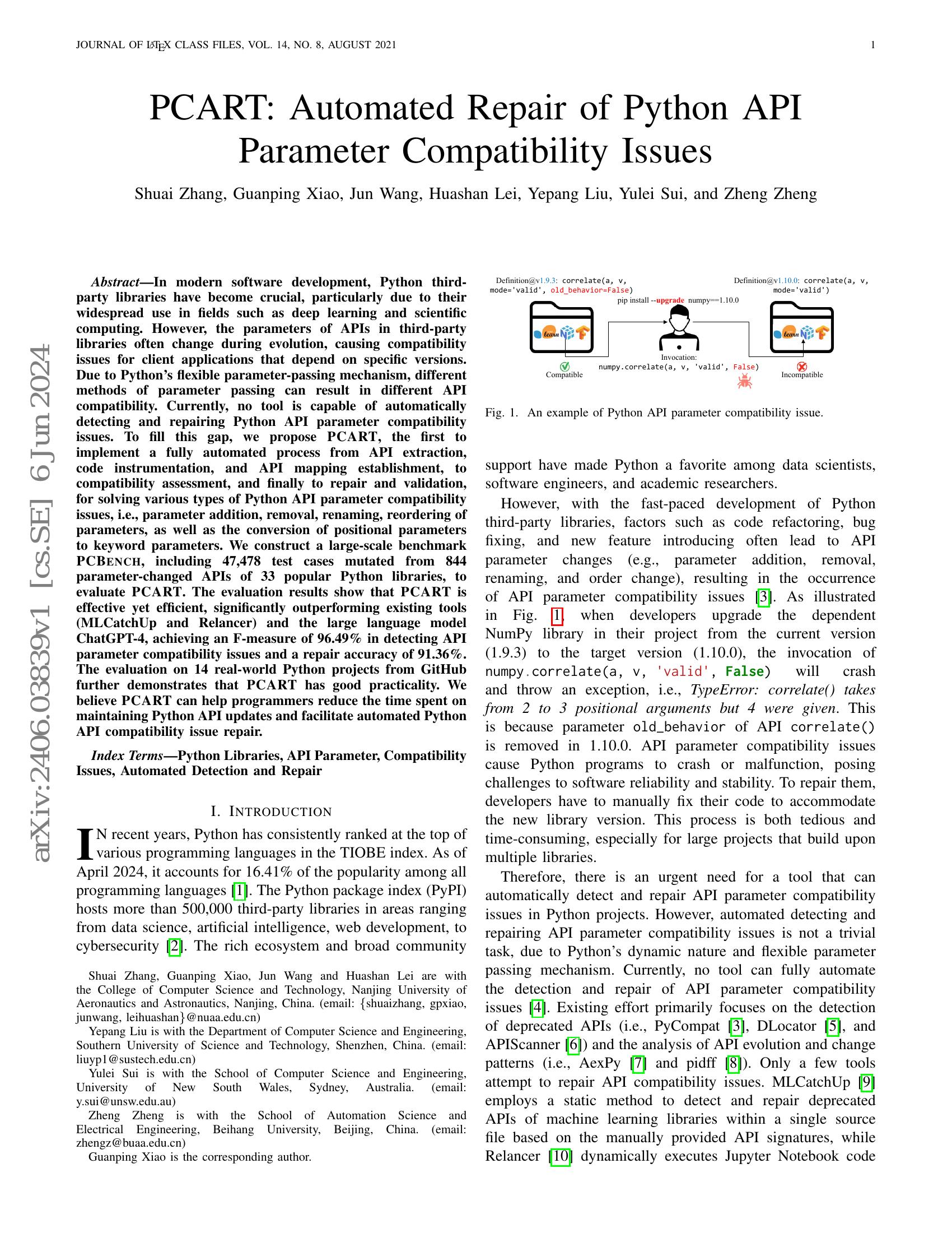 PCART: Automated Repair of Python API Parameter Compatibility Issues ...