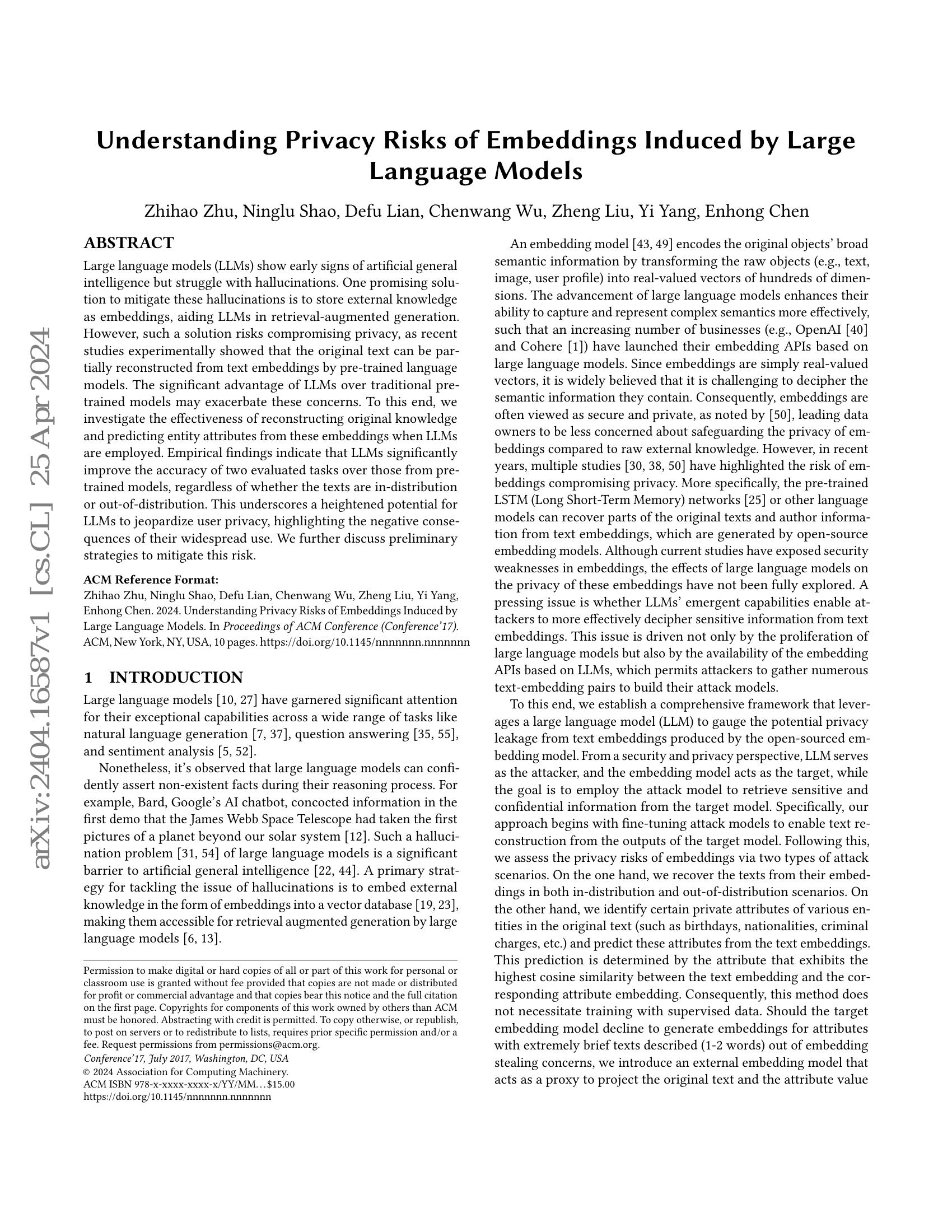Understanding Privacy Risks of Embeddings Induced by Large Language ...