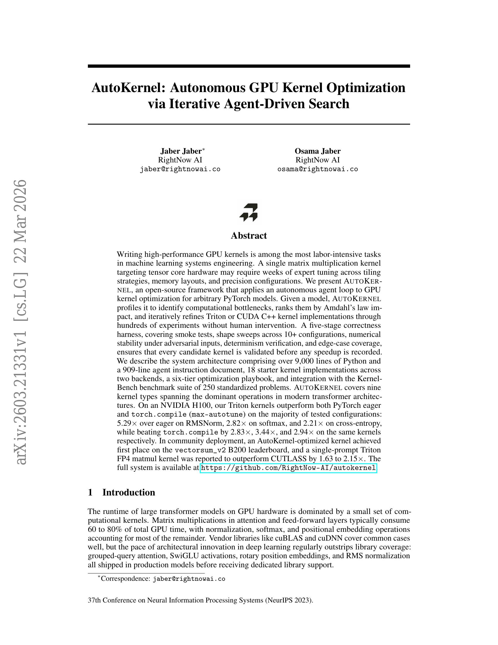 AutoKernel: Autonomous GPU Kernel Optimization via Iterative Agent ...