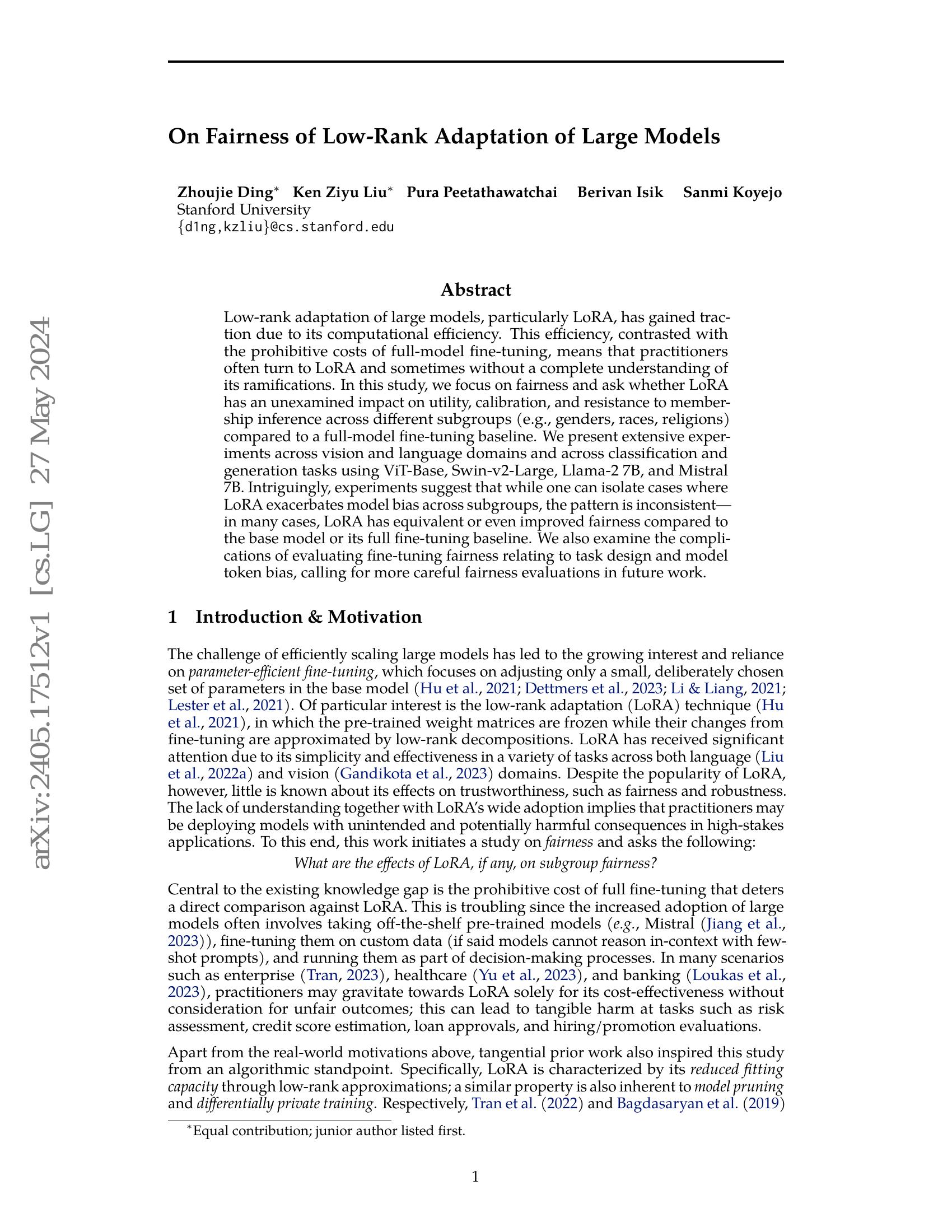 On Fairness of Low-Rank Adaptation of Large Models - 智源社区论文