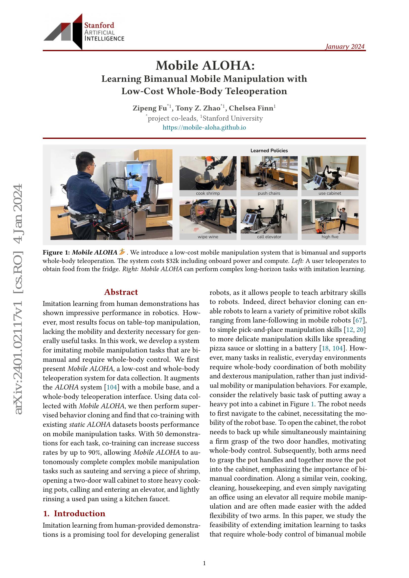 Mobile ALOHA: Learning Bimanual Mobile Manipulation with Low-Cost Whole ...