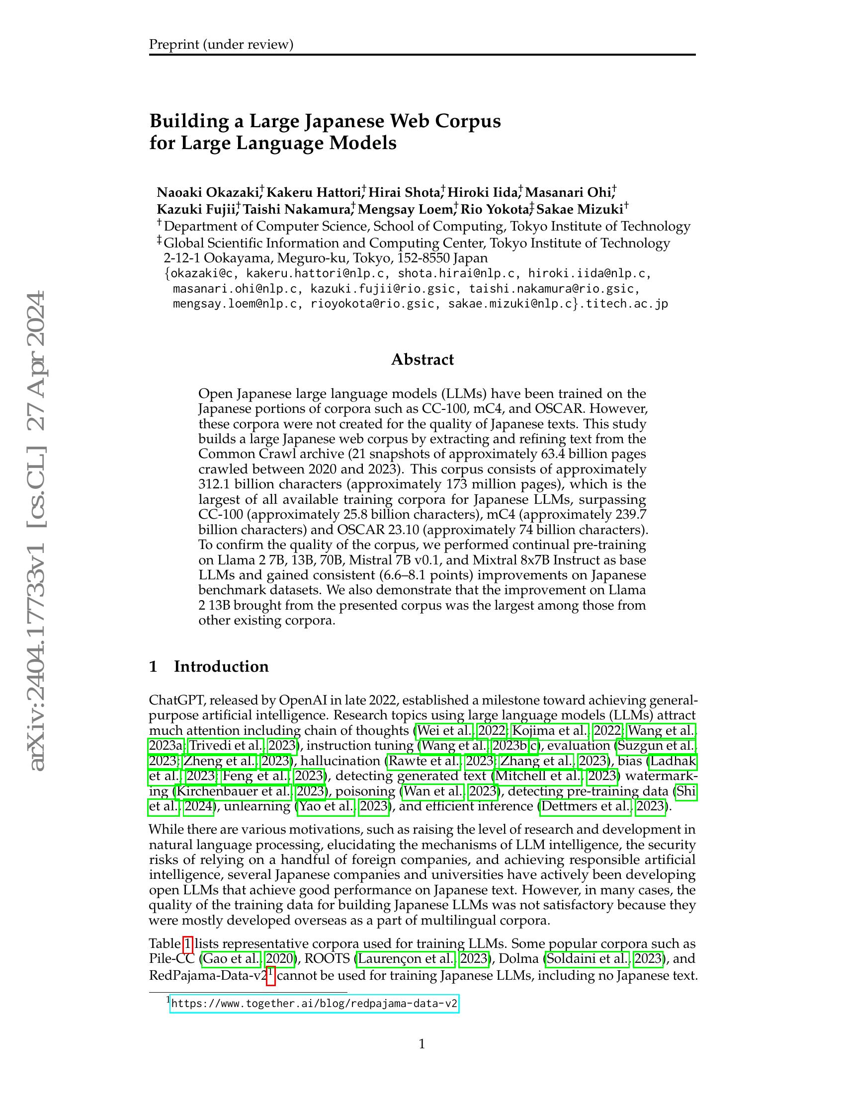 Building a Large Japanese Web Corpus for Large Language Models - 智源社区论文