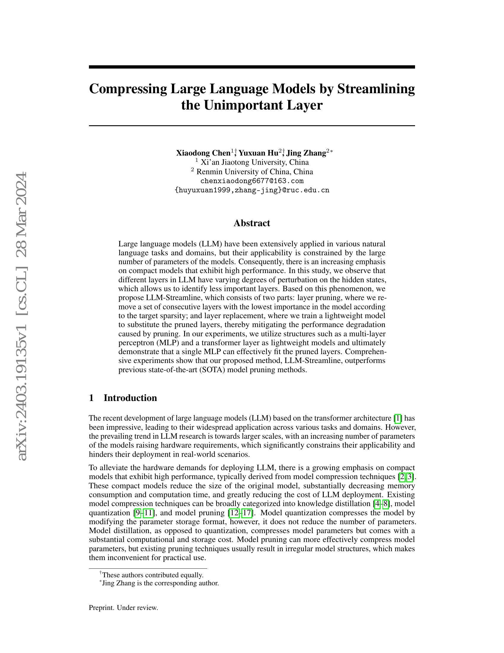 Compressing Large Language Models by Streamlining the Unimportant Layer ...
