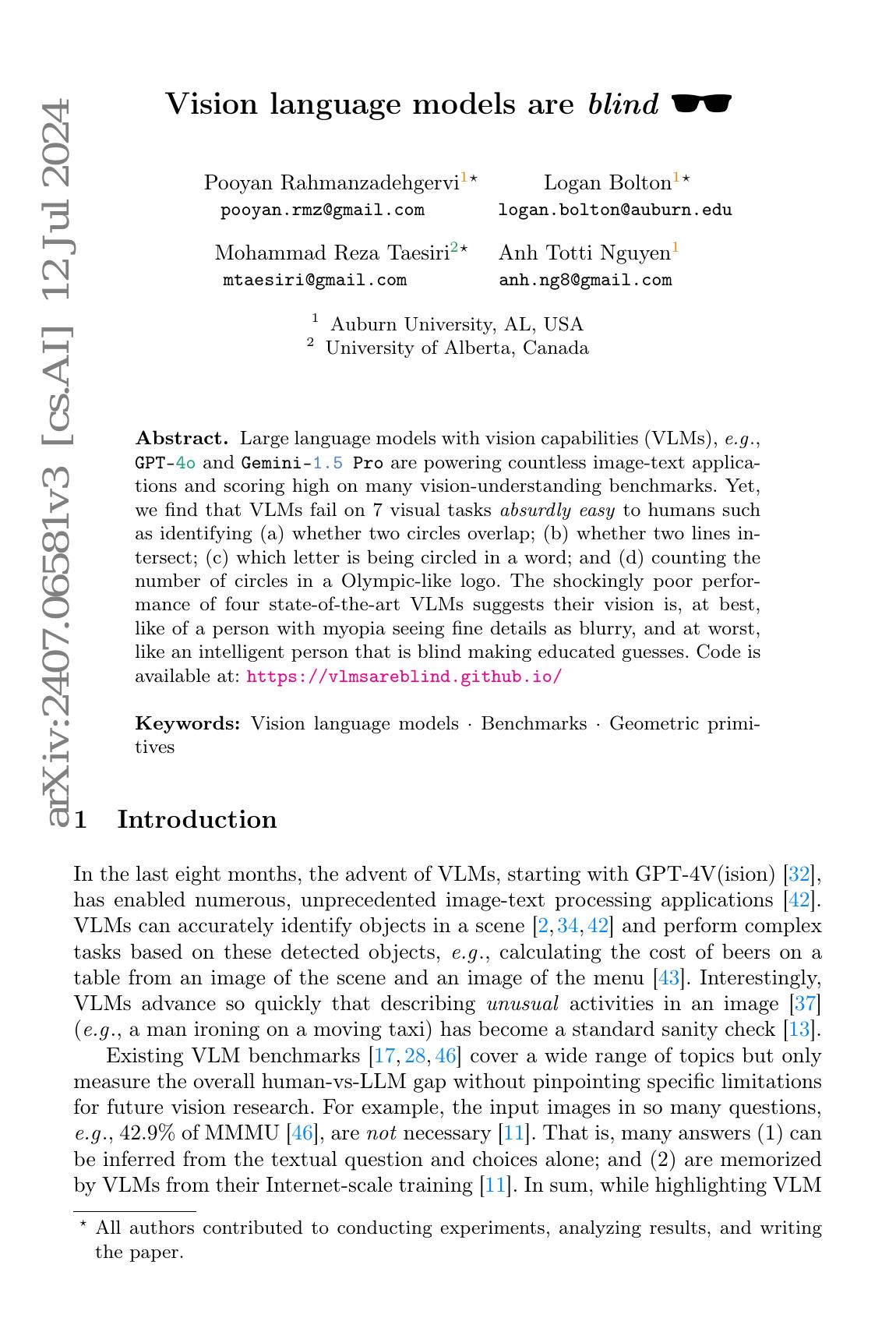Vision Language Models Are Blind Vision Language Models Are Blind