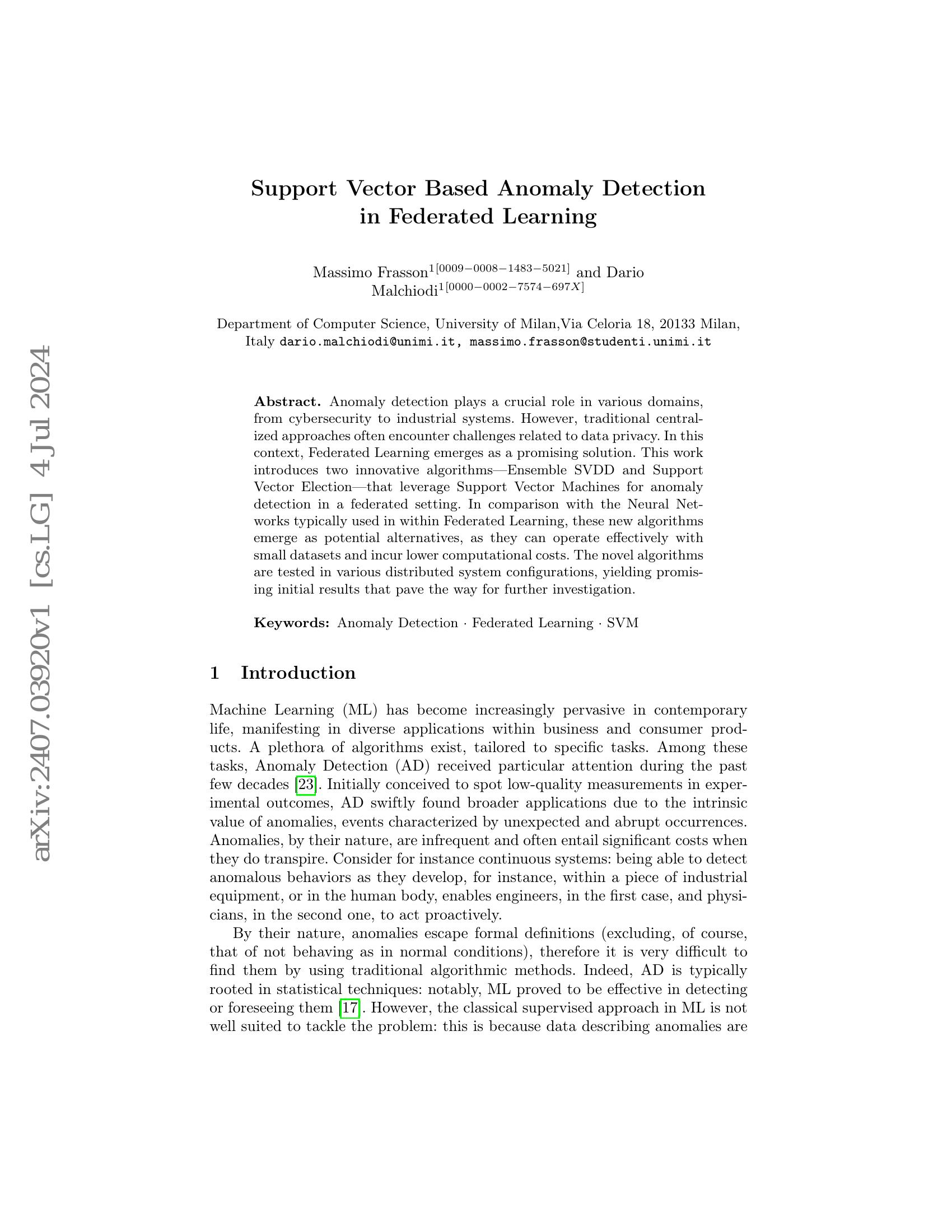 Support Vector Based Anomaly Detection in Federated Learning - 智源社区论文
