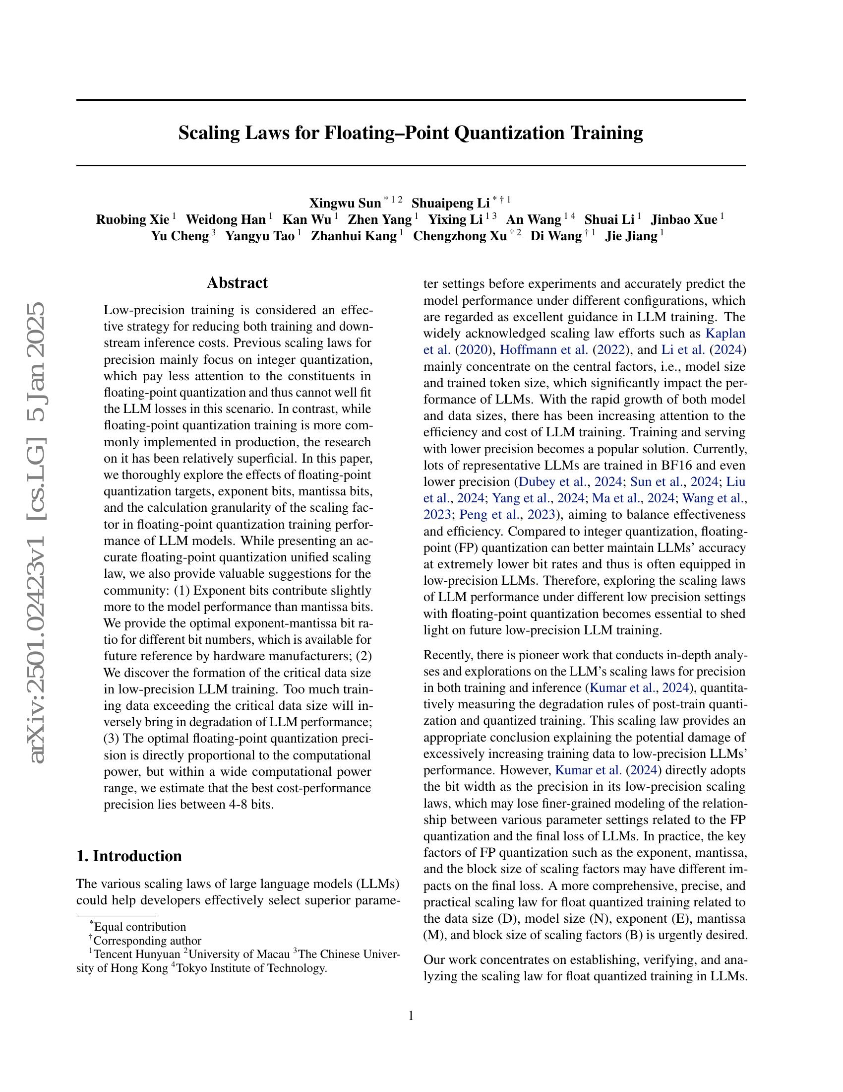 Scaling Laws for Floating Point Quantization Training - 智源社区论文