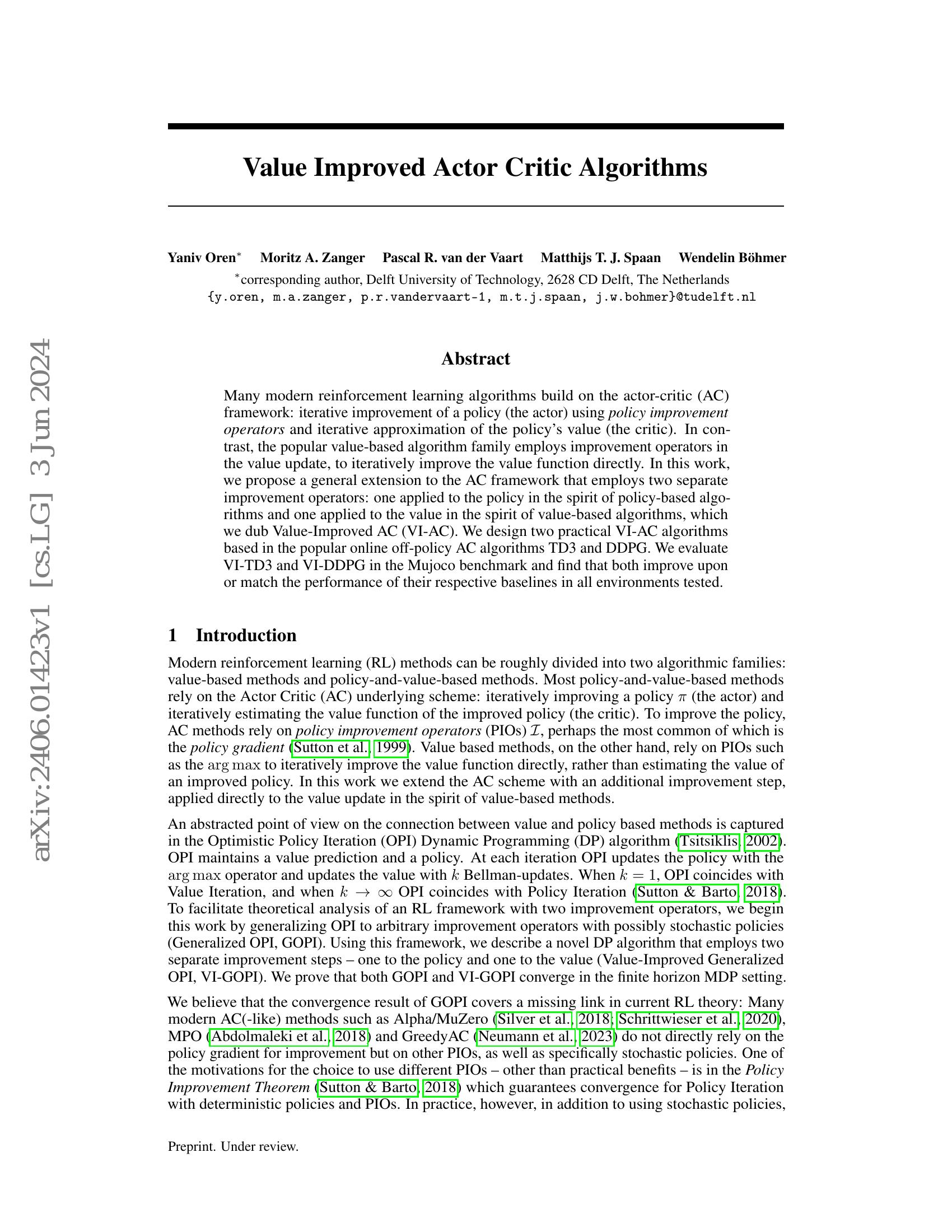 Value Improved Actor Critic Algorithms - 智源社区论文