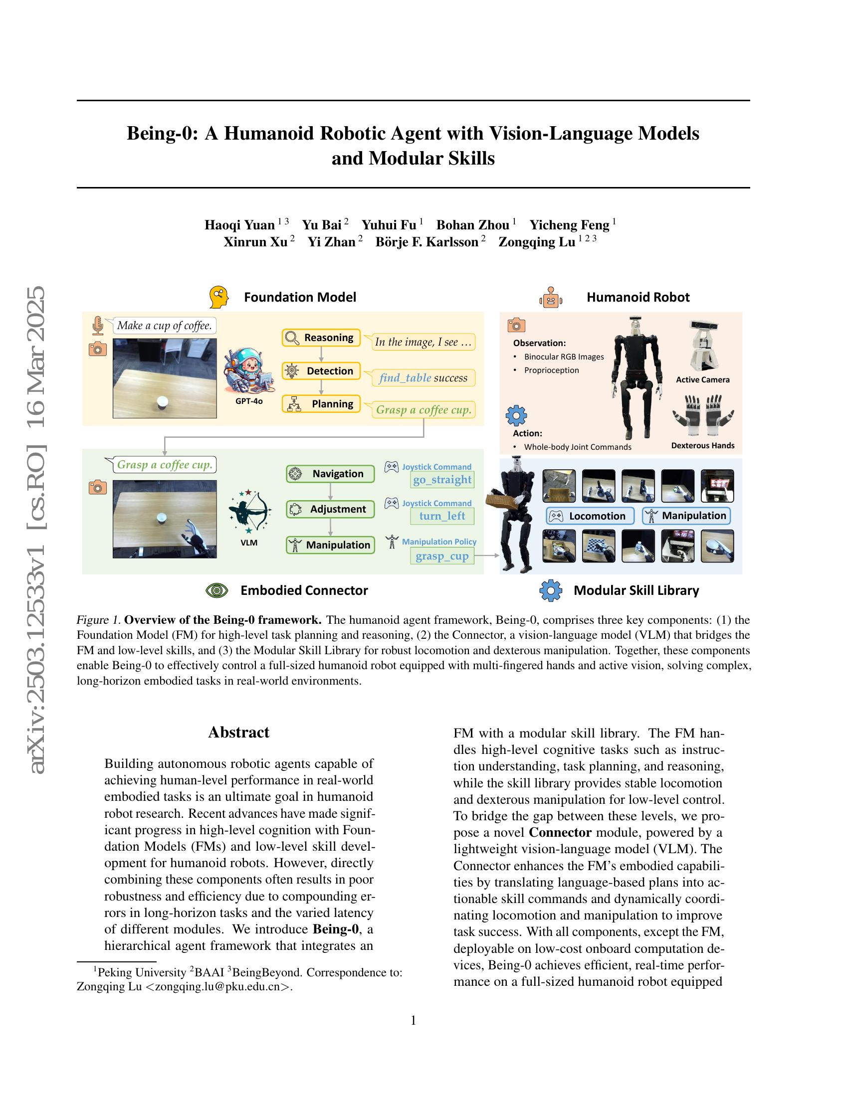 Being-0: A Humanoid Robotic Agent with Vision-Language Models and ...