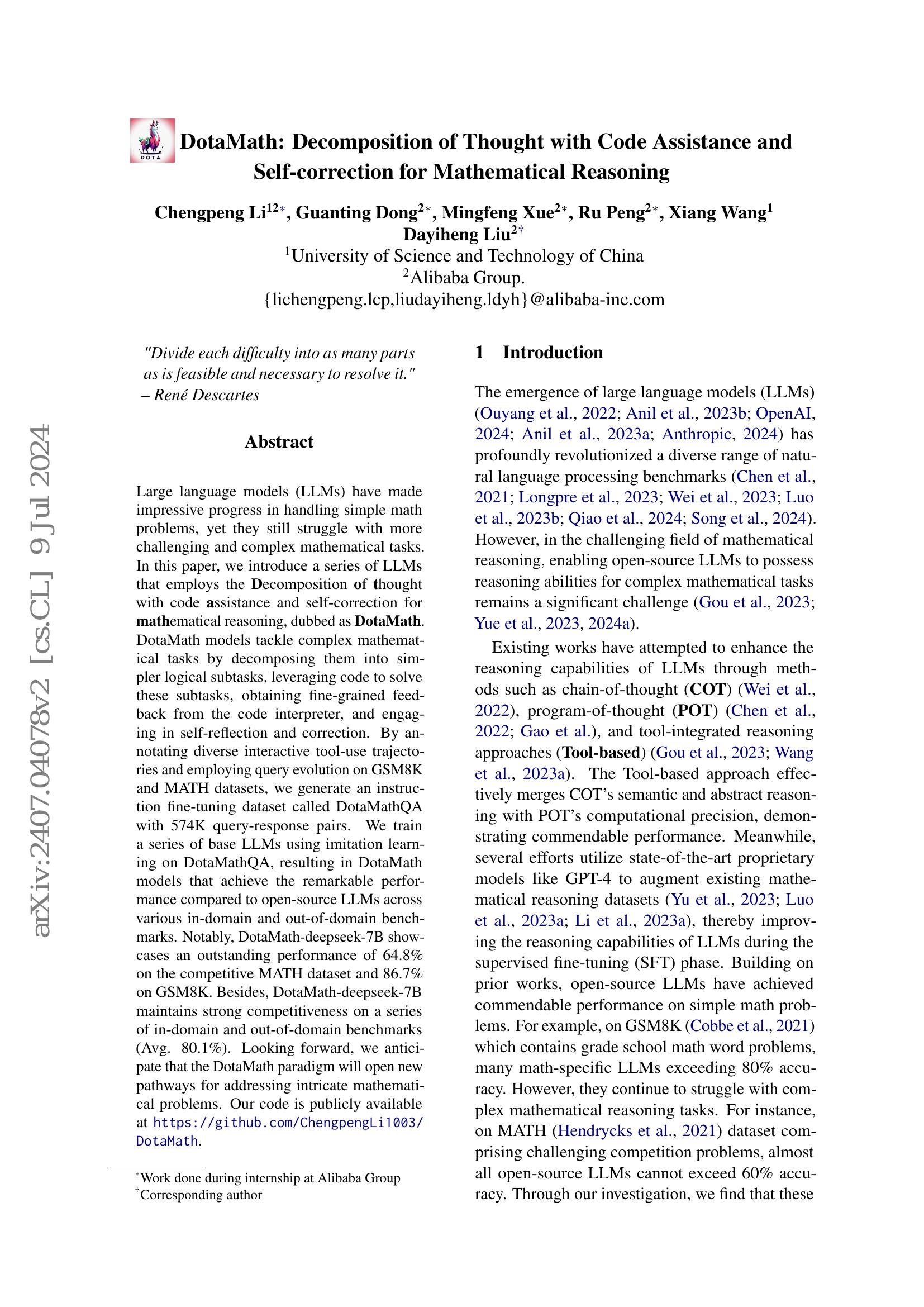 DotaMath: Decomposition of Thought with Code Assistance and Self ...