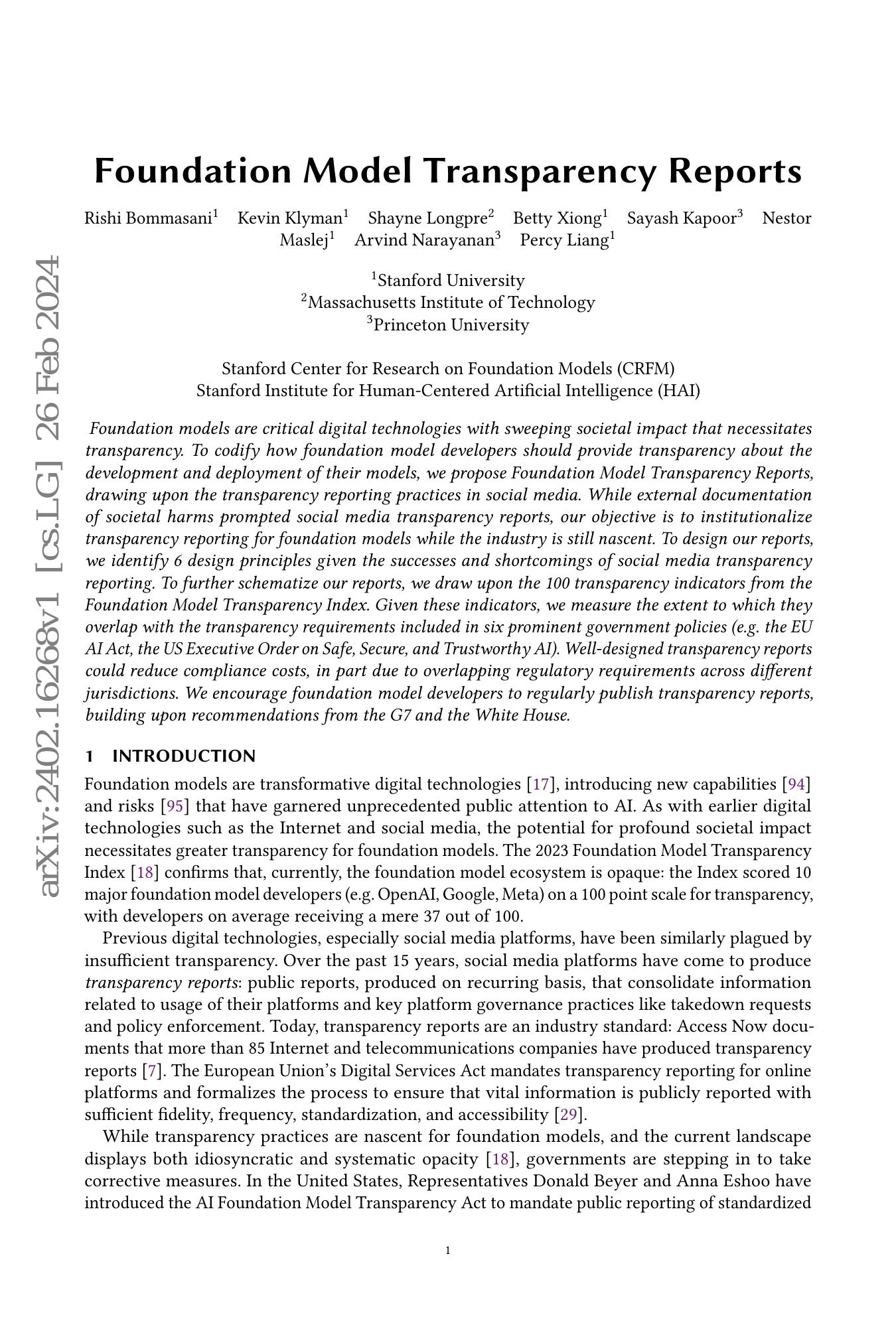 Foundation Model Transparency Reports - 智源社区论文