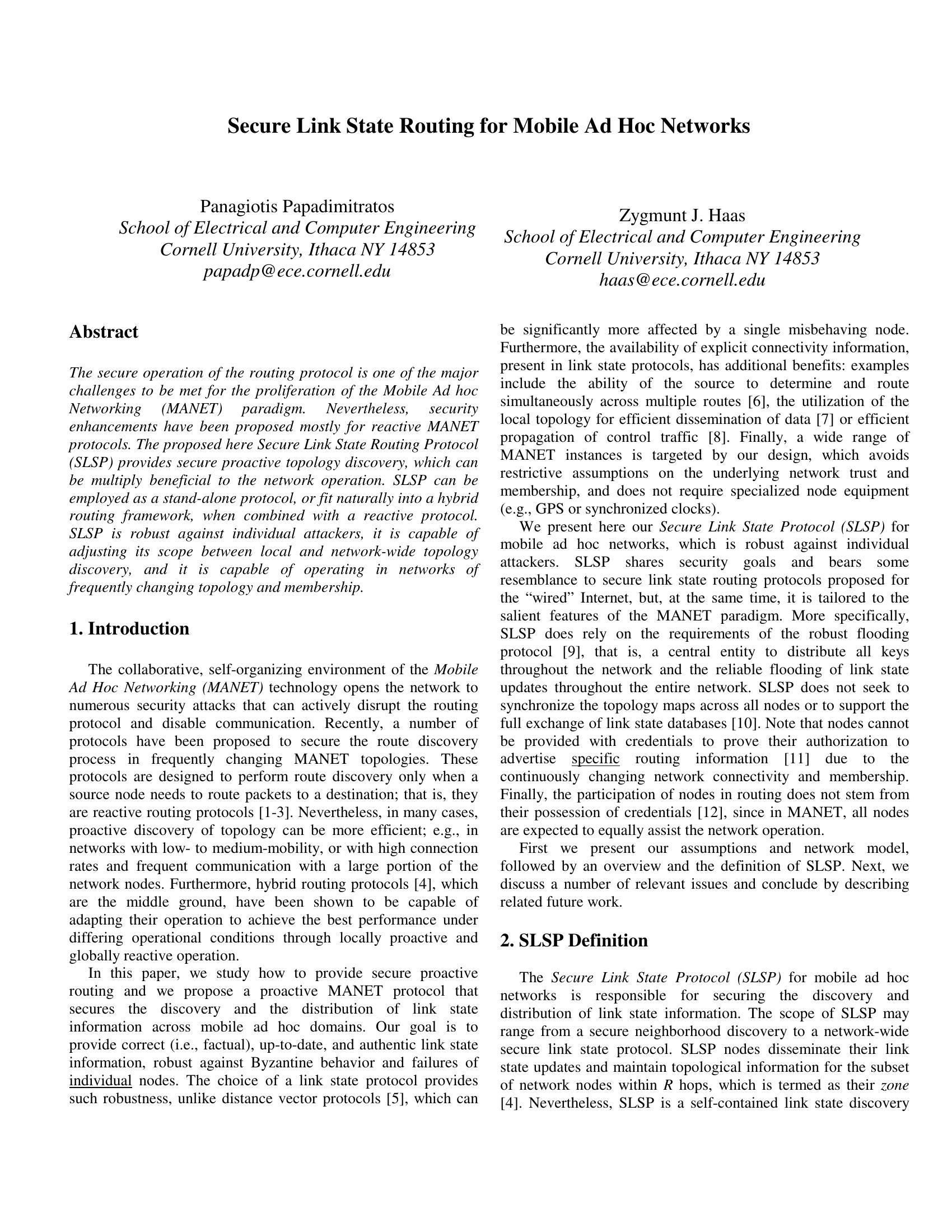 Secure Link State Routing for Mobile Ad Hoc Networks - 智源社区论文