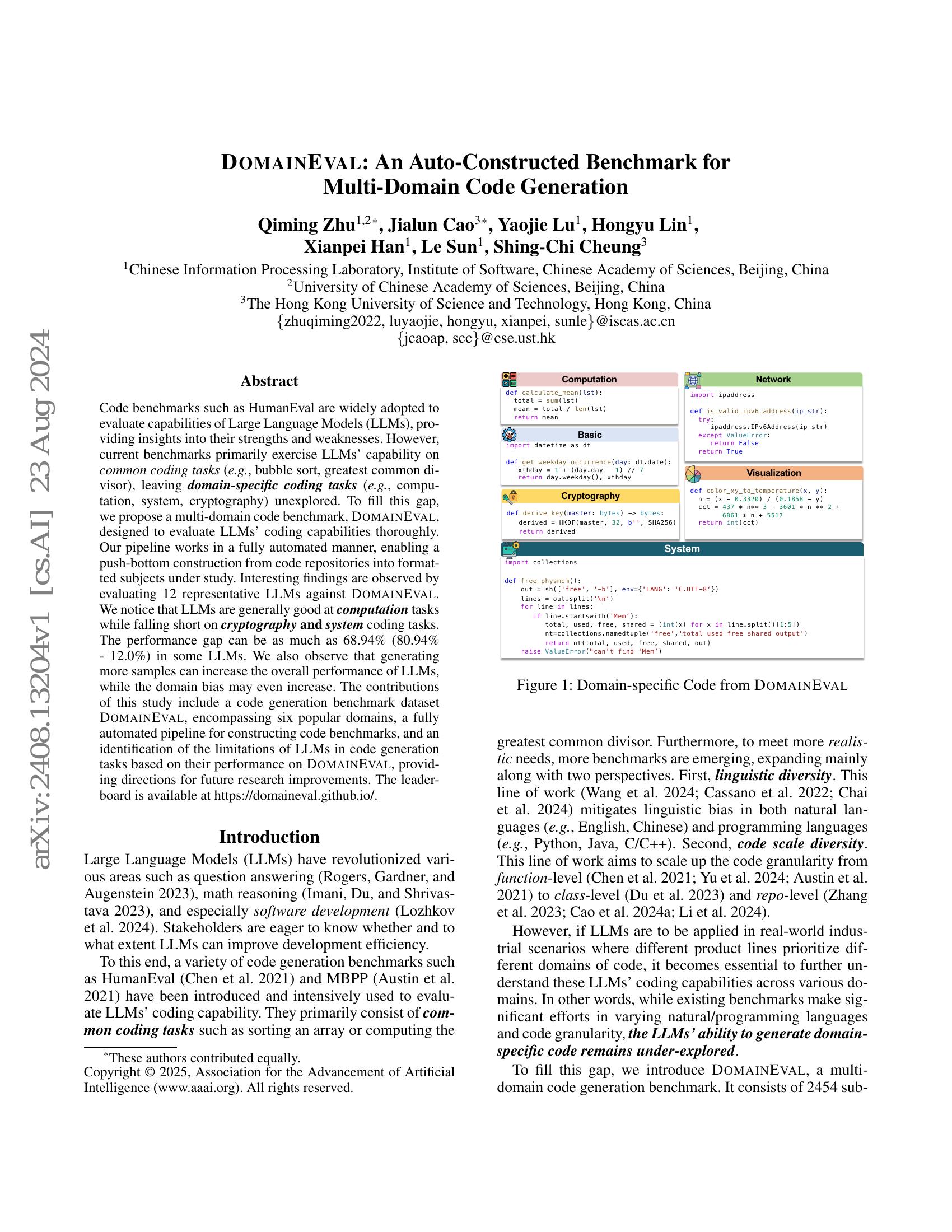 DOMAINEVAL: An Auto-Constructed Benchmark for Multi-Domain Code ...