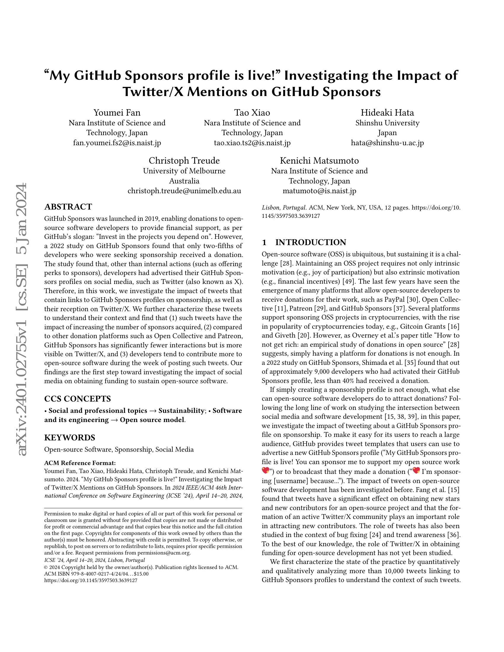 "My GitHub Sponsors profile is live!" Investigating the Impact of ...