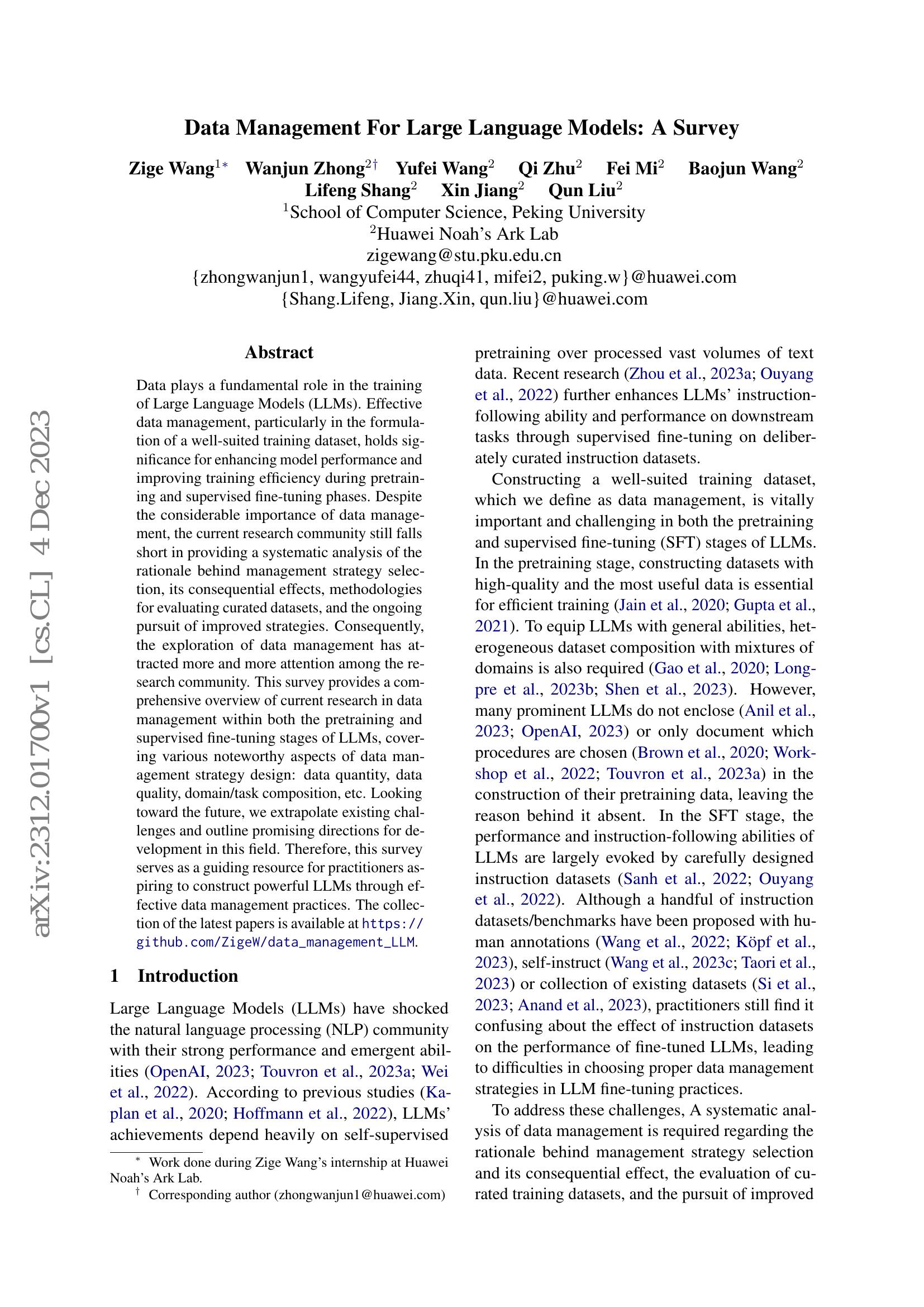 Data Management For Large Language Models: A Survey - 智源社区论文