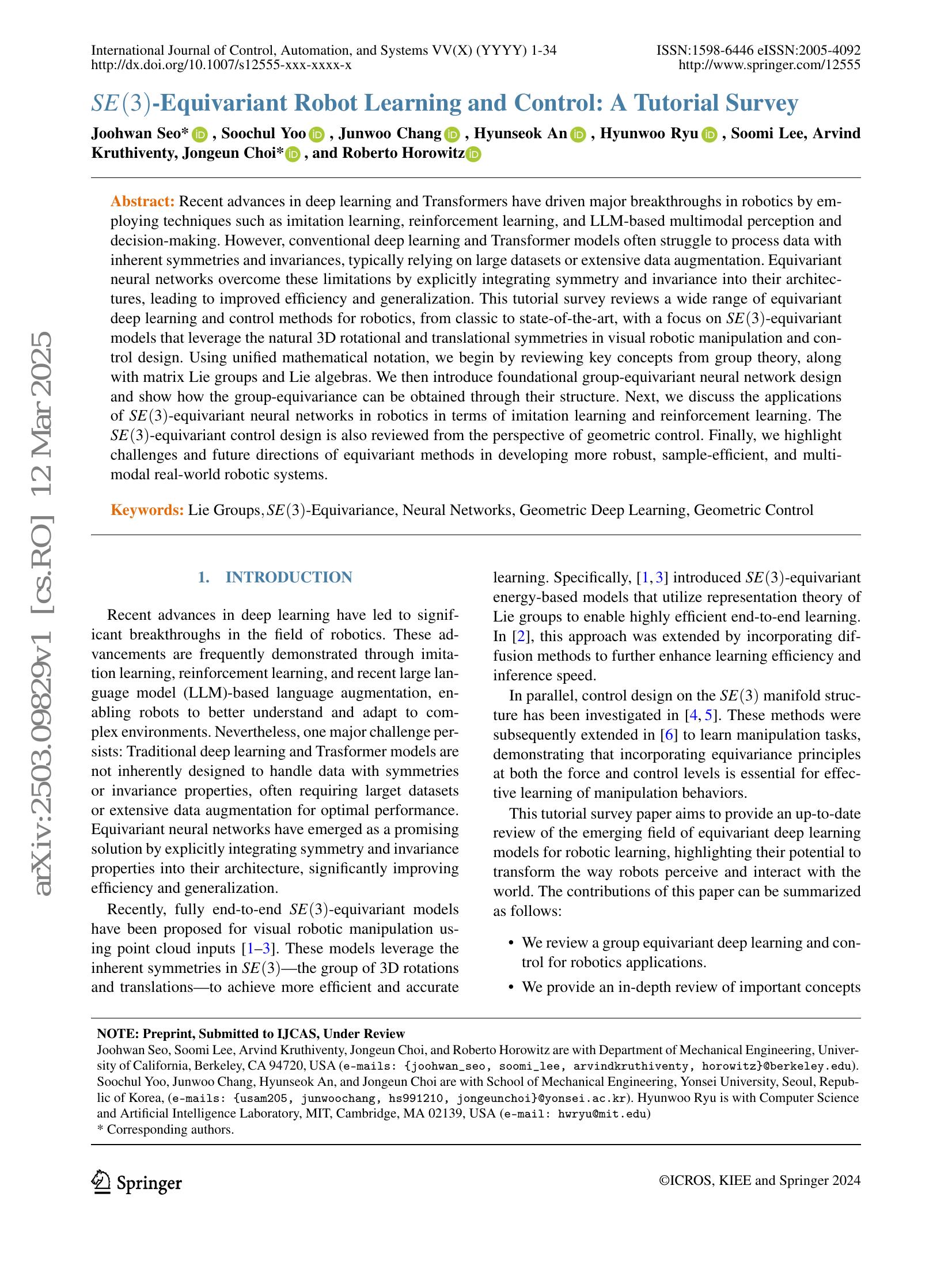 SE(3)-Equivariant Robot Learning and Control: A Tutorial Survey - 智源社区论文