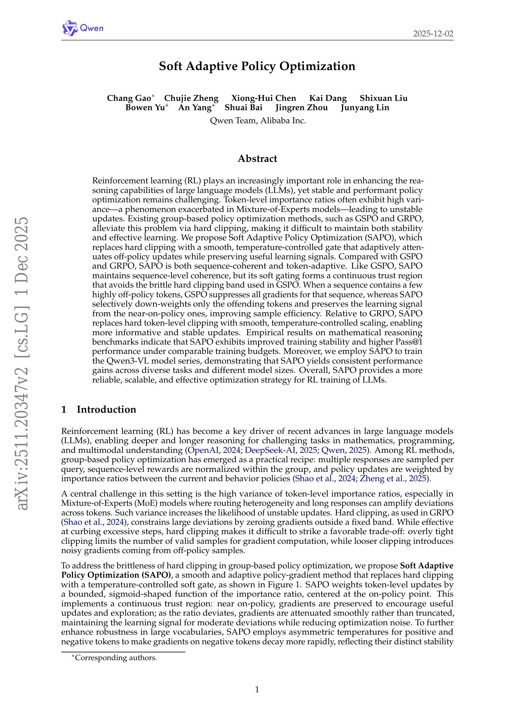 Soft Adaptive Policy Optimization - 智源社区论文
