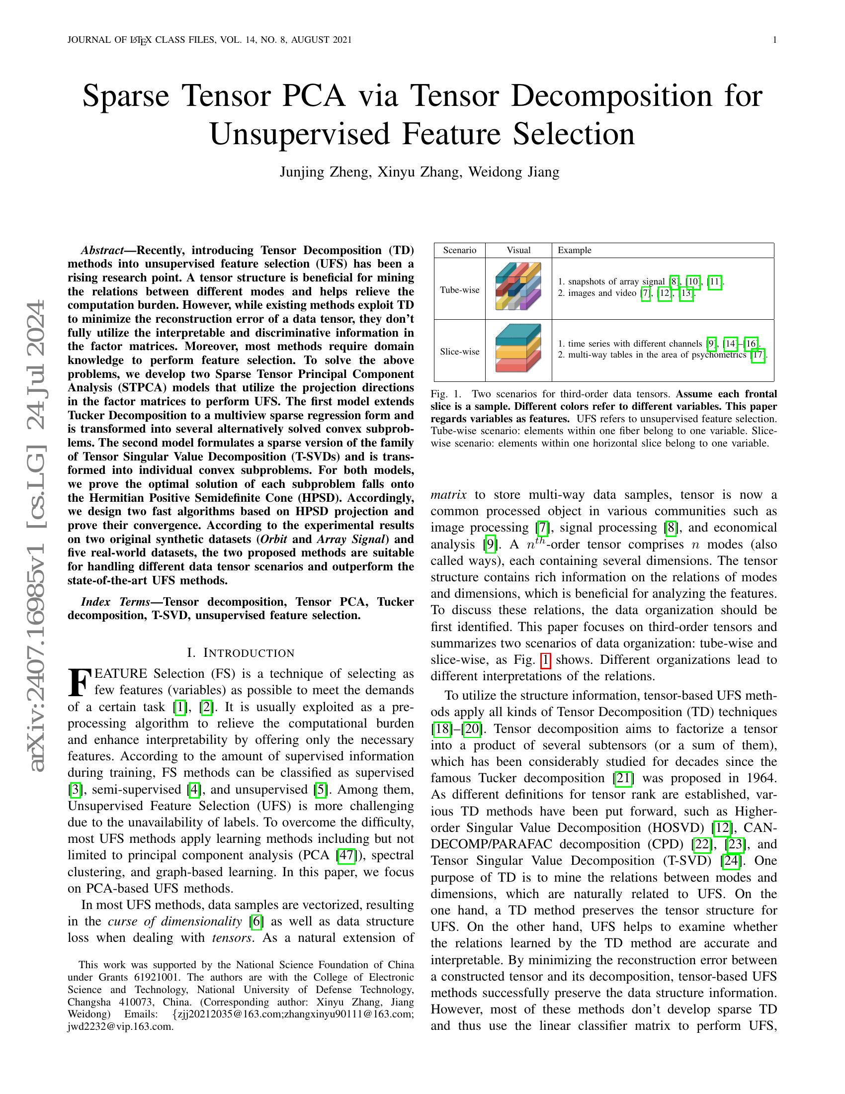 Sparse Tensor PCA via Tensor Decomposition for Unsupervised Feature ...