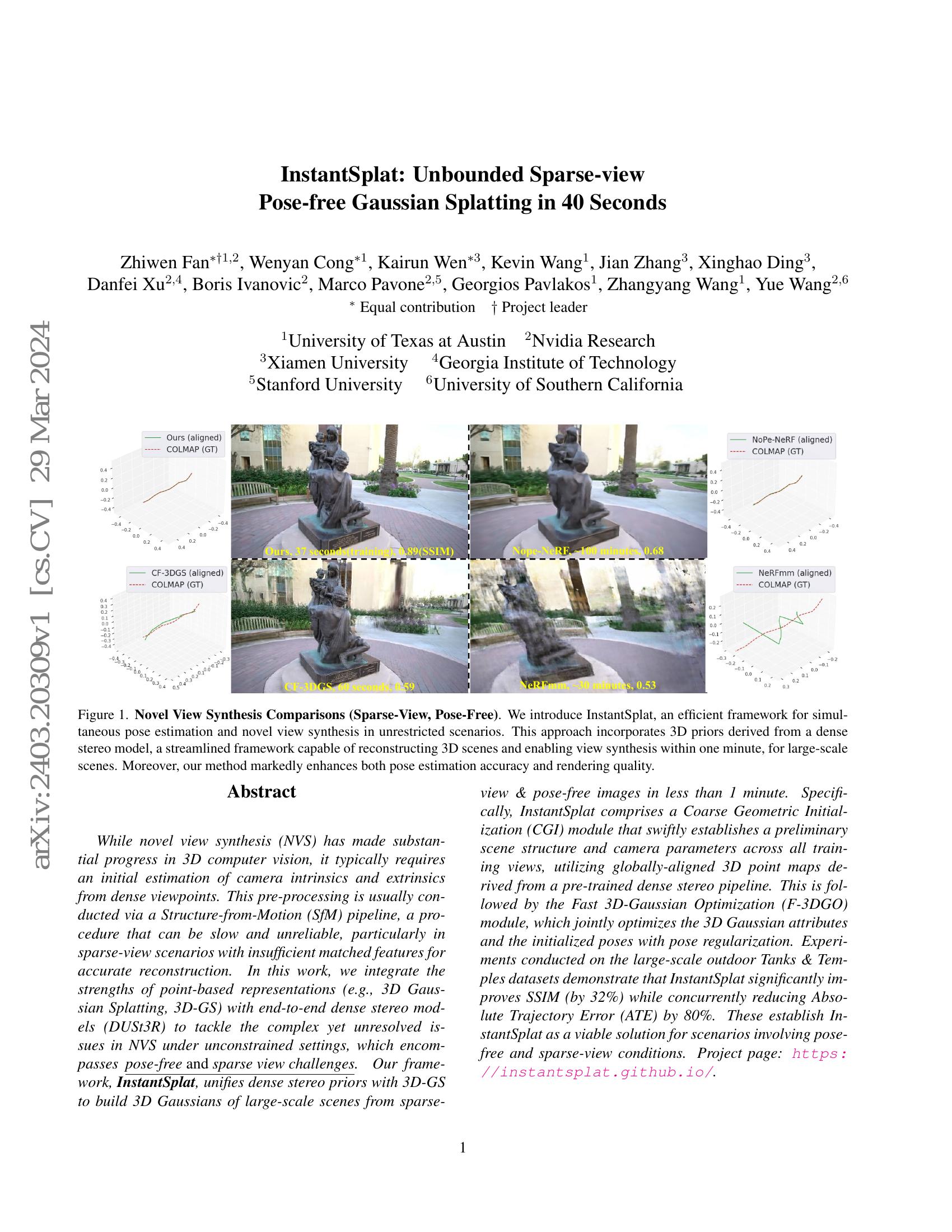 InstantSplat: Unbounded Sparse-view Pose-free Gaussian Splatting in 40 ...