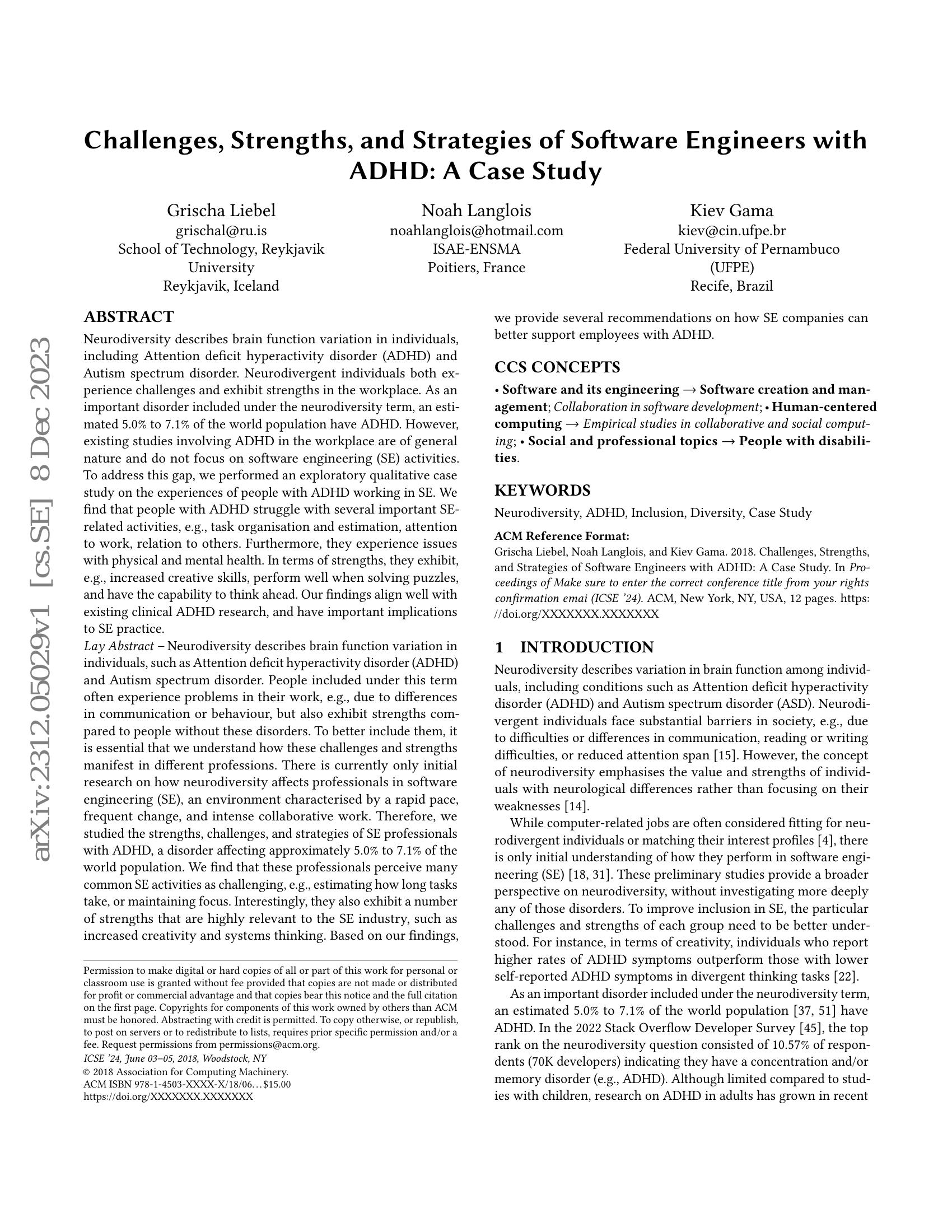 Challenges, Strengths, and Strategies of Software Engineers with ADHD