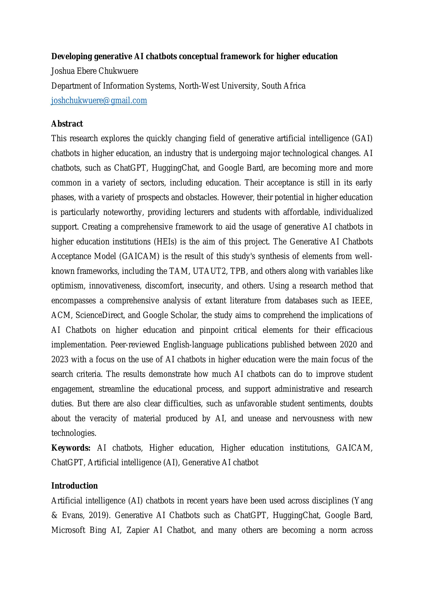 Developing generative AI chatbots conceptual framework for higher ...