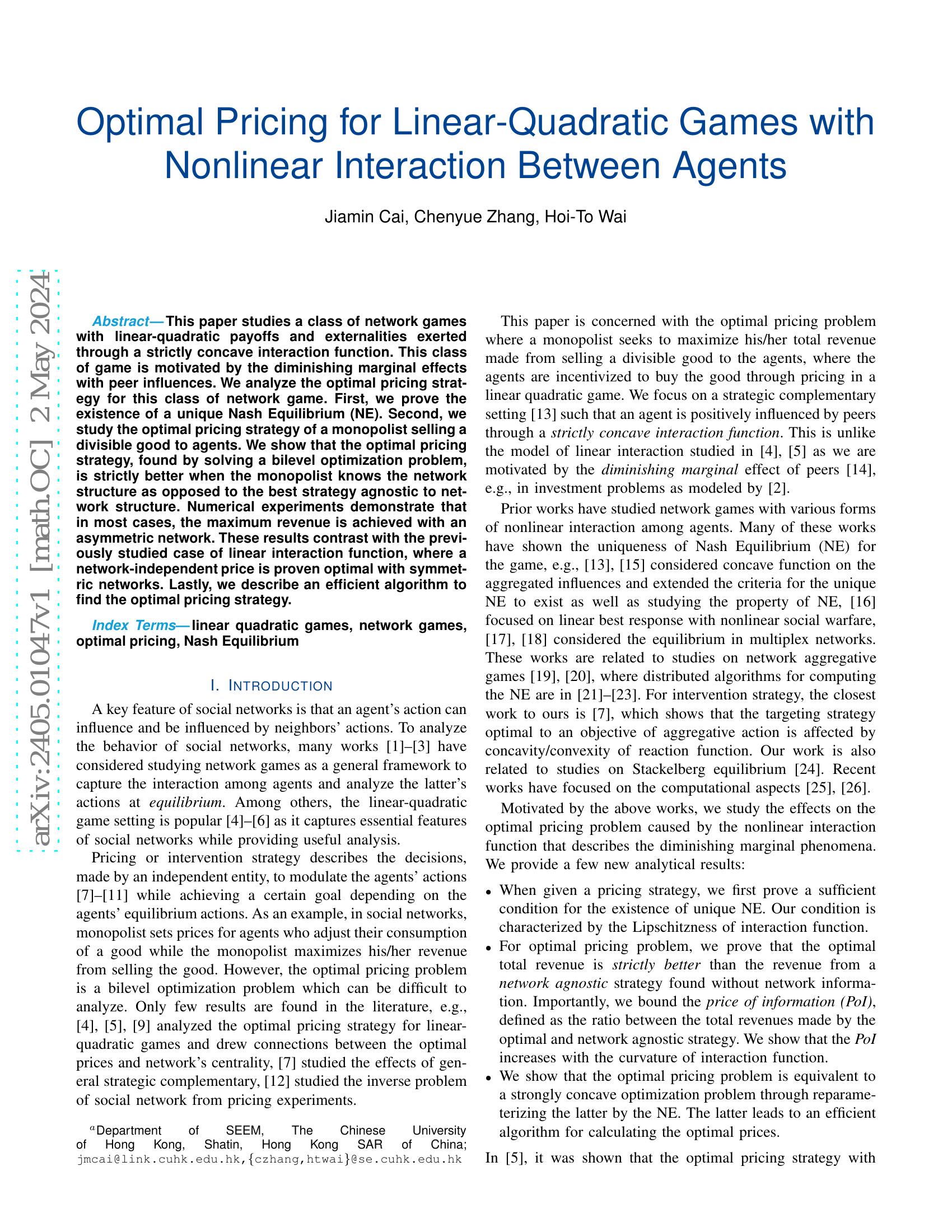 Optimal Pricing for Linear-Quadratic Games with Nonlinear Interaction ...