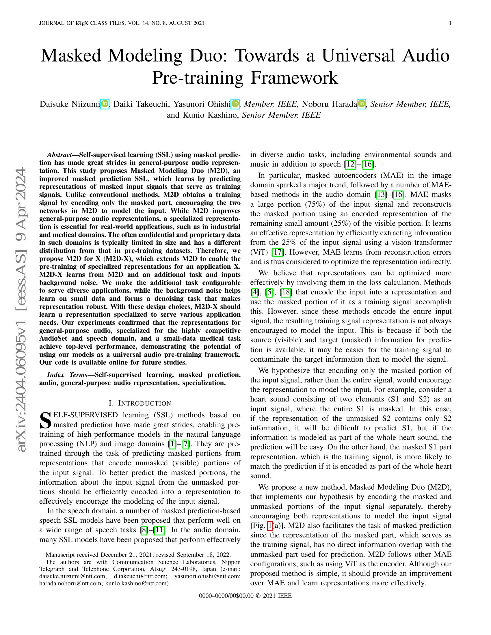 Masked Modeling Duo: Towards a Universal Audio Pre-training Framework ...