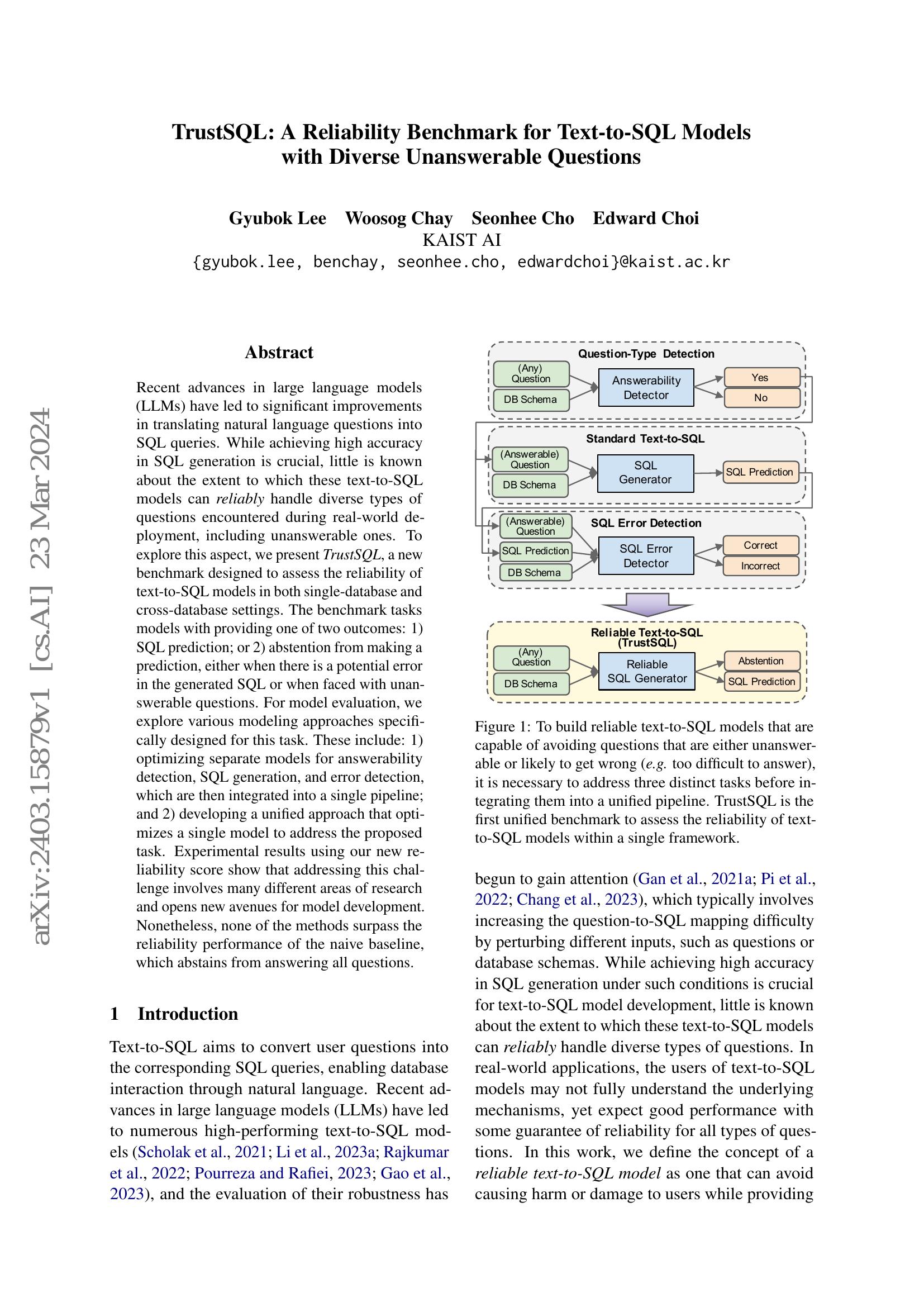 TrustSQL: A Reliability Benchmark for Text-to-SQL Models with Diverse ...