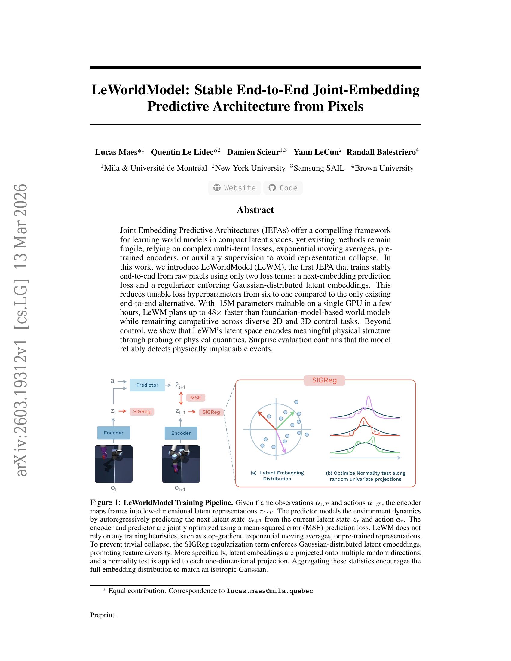 LeWorldModel: Stable End-to-End Joint-Embedding Predictive Architecture ...