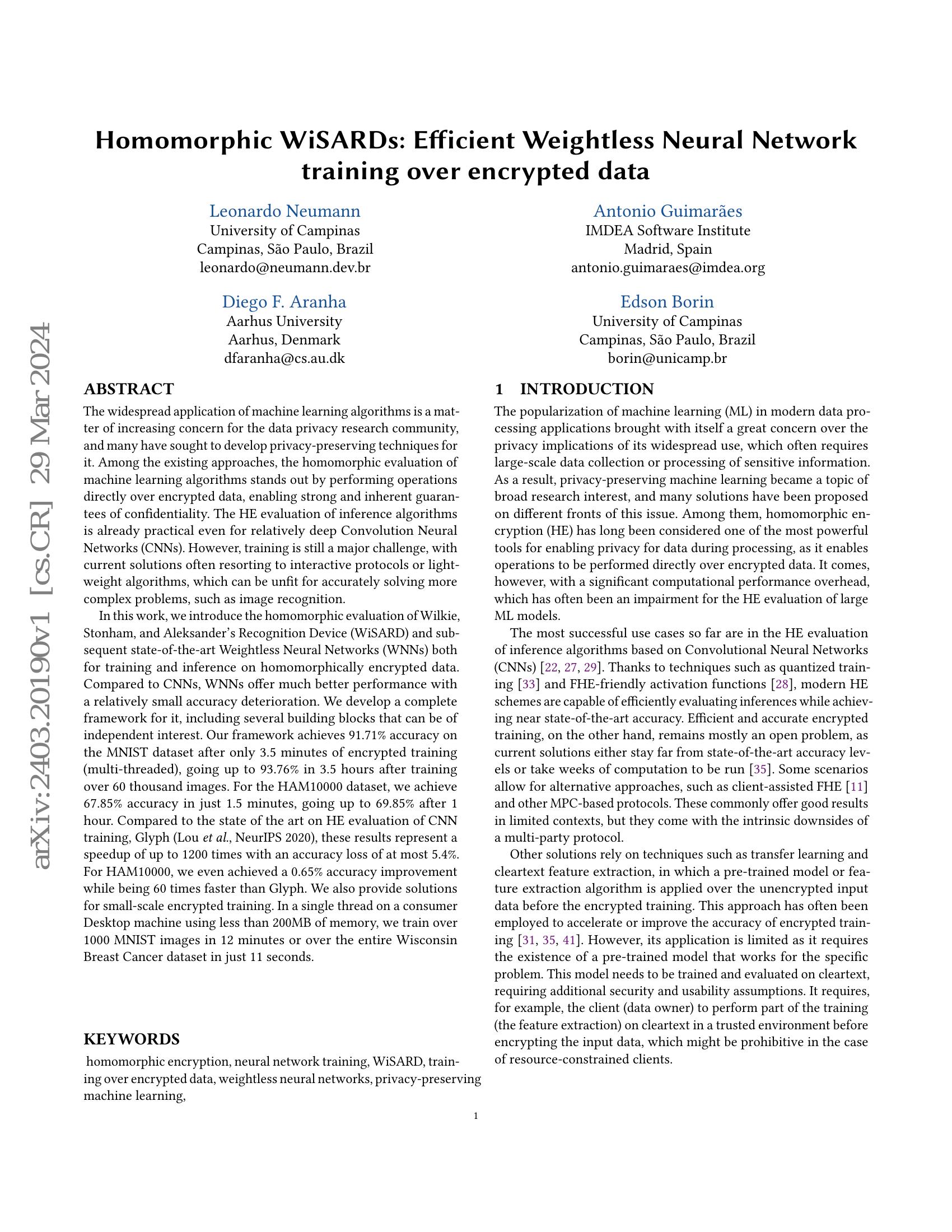 Homomorphic WiSARDs: Efficient Weightless Neural Network training over ...