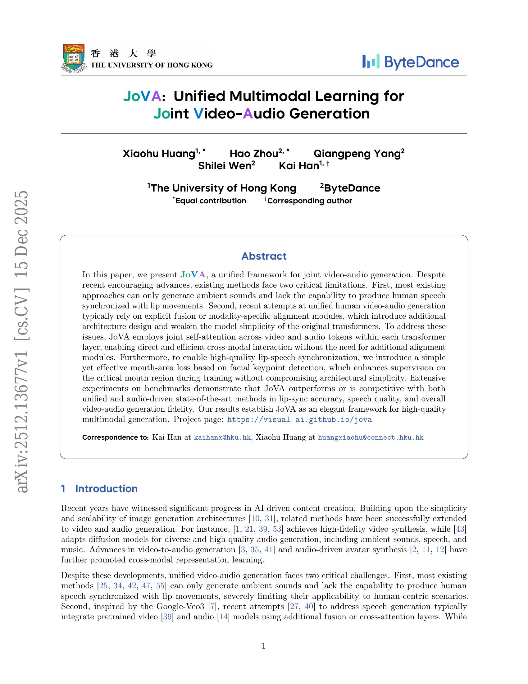 JoVA: Unified Multimodal Learning for Joint Video-Audio Generation - 智源社区论文