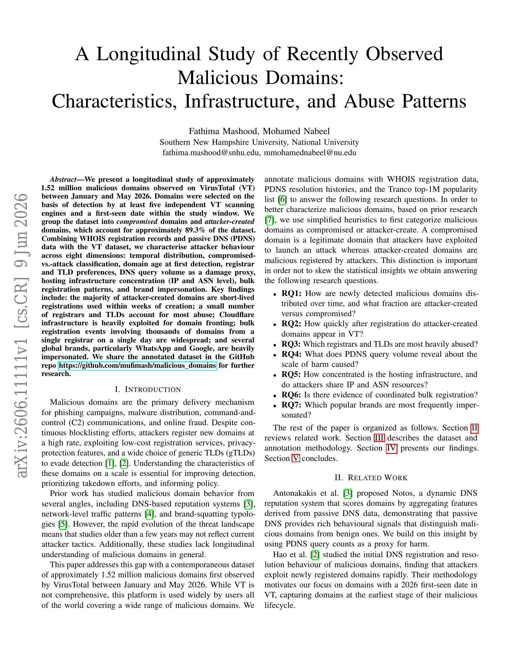 A Longitudinal Study of Recently Observed Malicious Domains ...