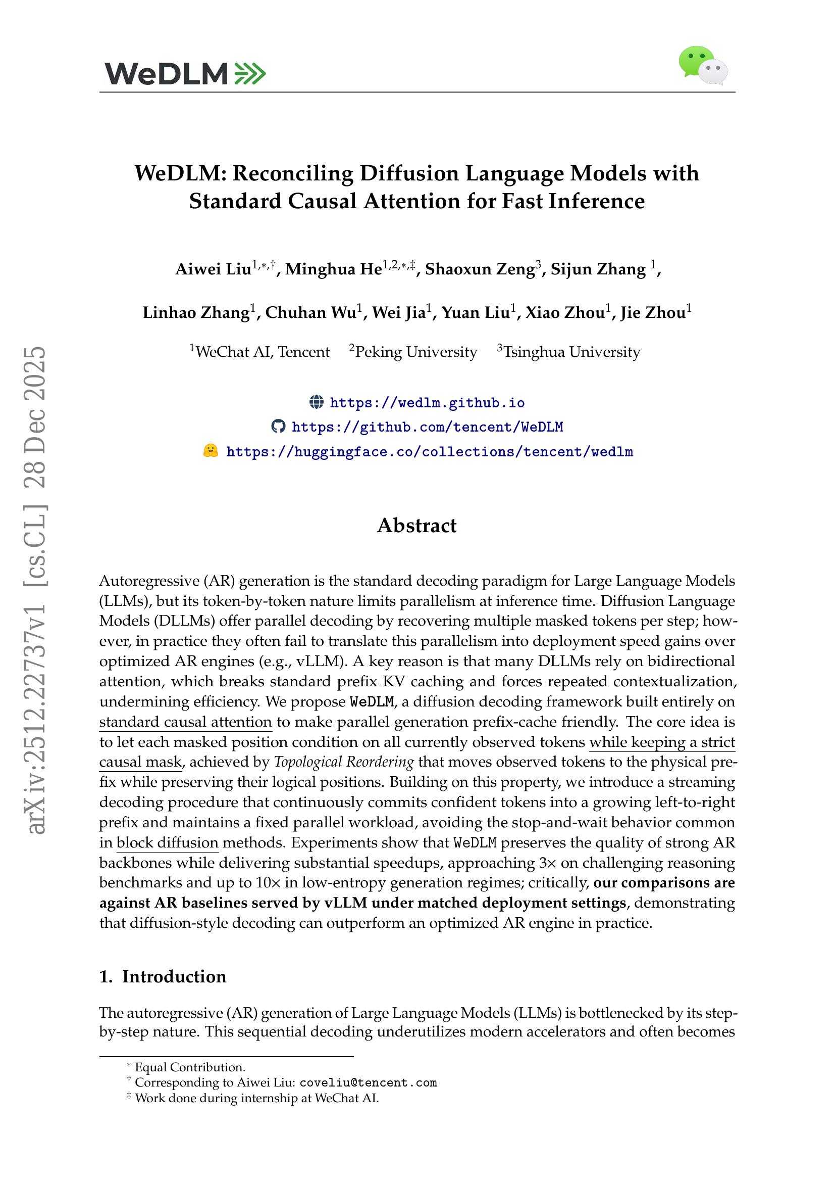 WeDLM: Reconciling Diffusion Language Models with Standard Causal ...