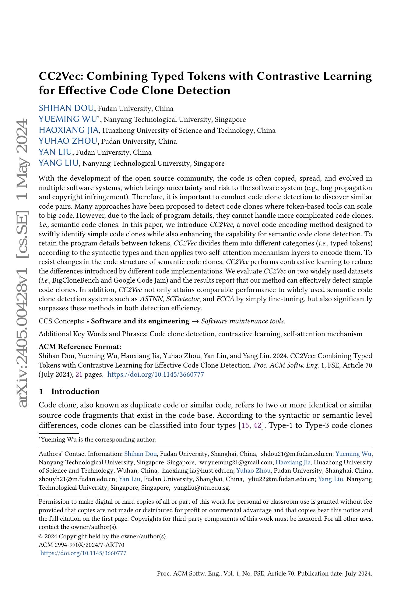 sjbcd: a java code clone detection method based on... CC2Vec: Combining Typed Tokens with Contrastive Learning for Effective ...
