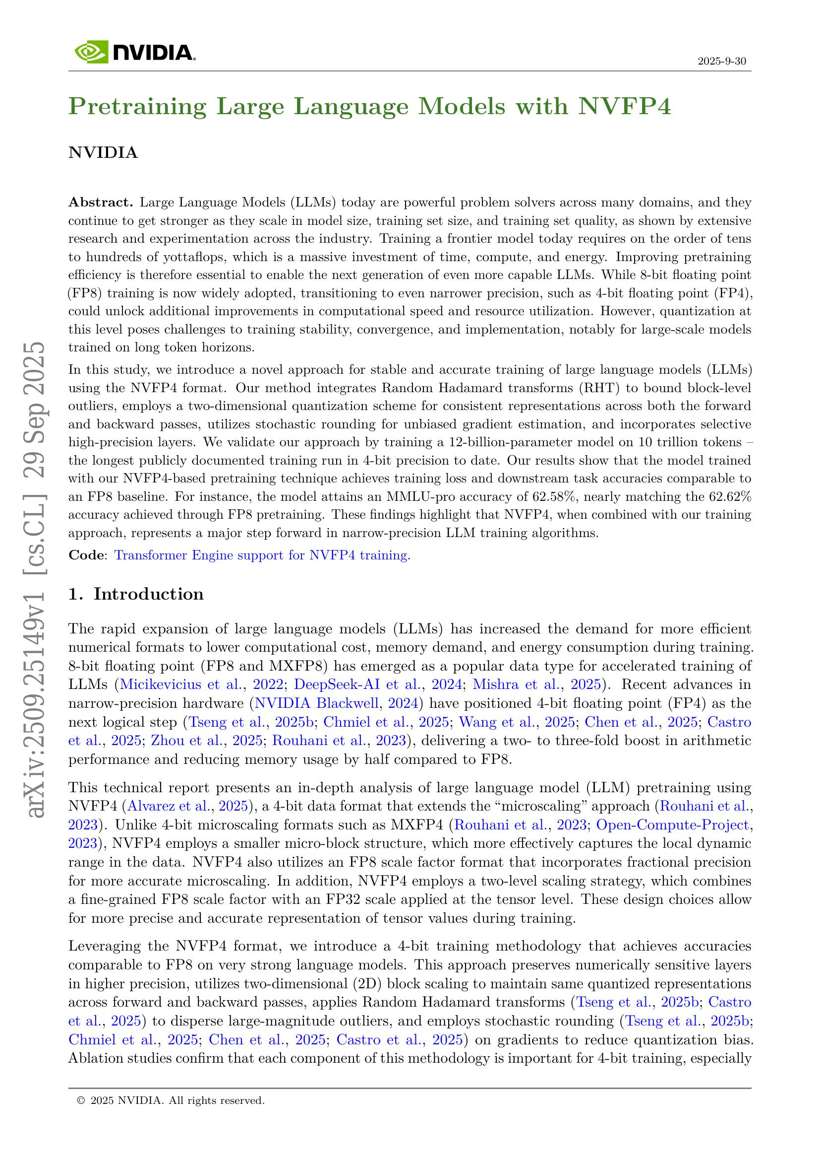 Pretraining Large Language Models with NVFP4 - 智源社区论文