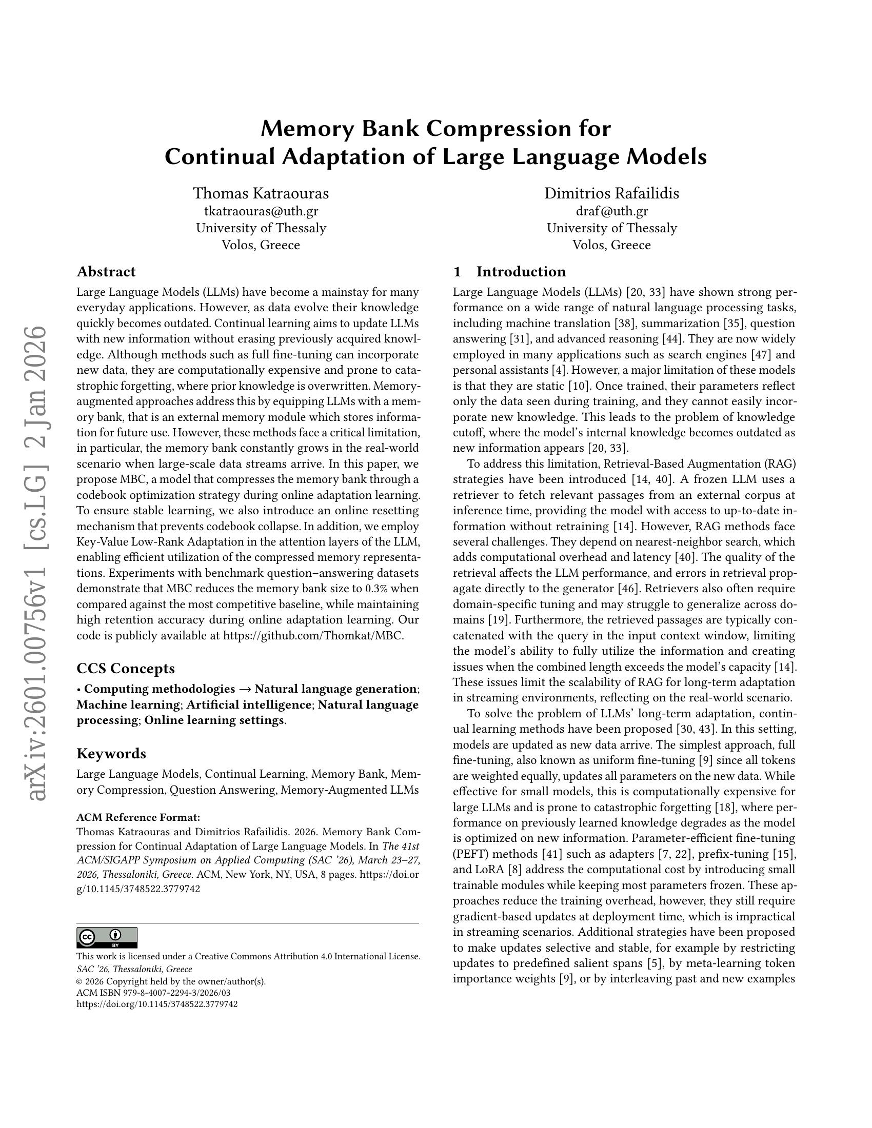 Memory Bank Compression for Continual Adaptation of Large Language ...