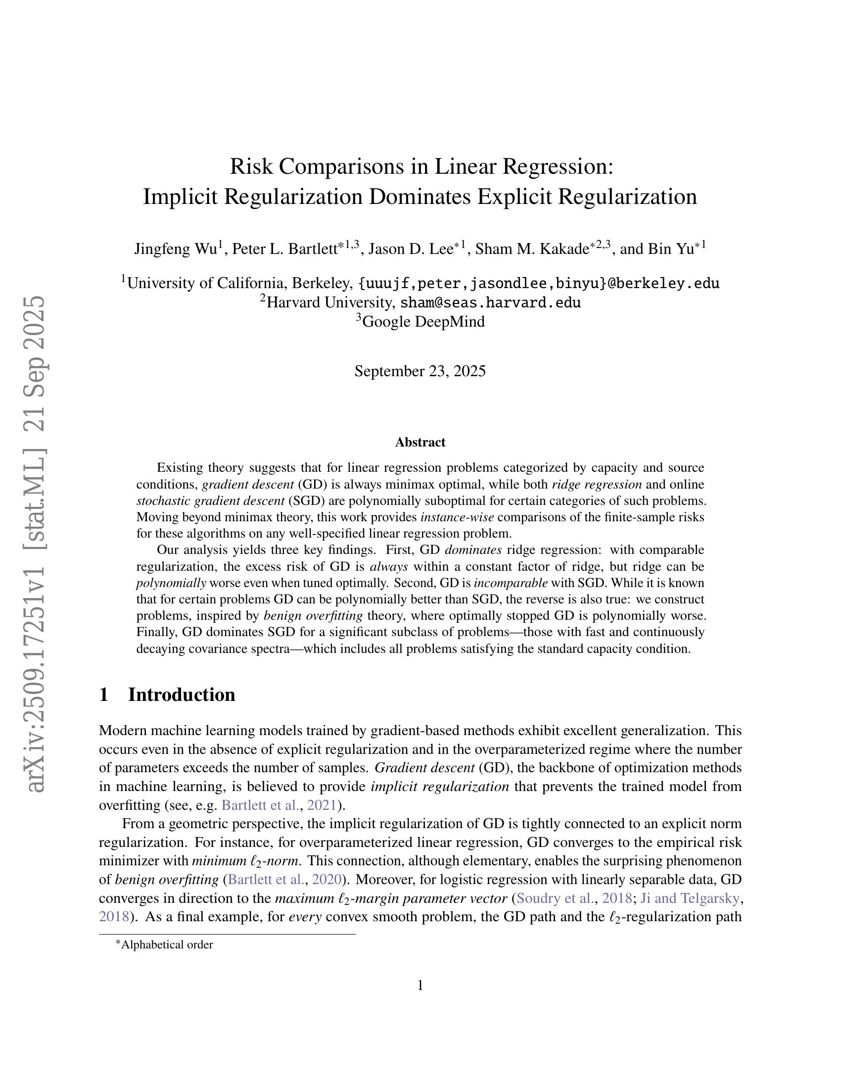Risk Comparisons in Linear Regression: Implicit Regularization ...