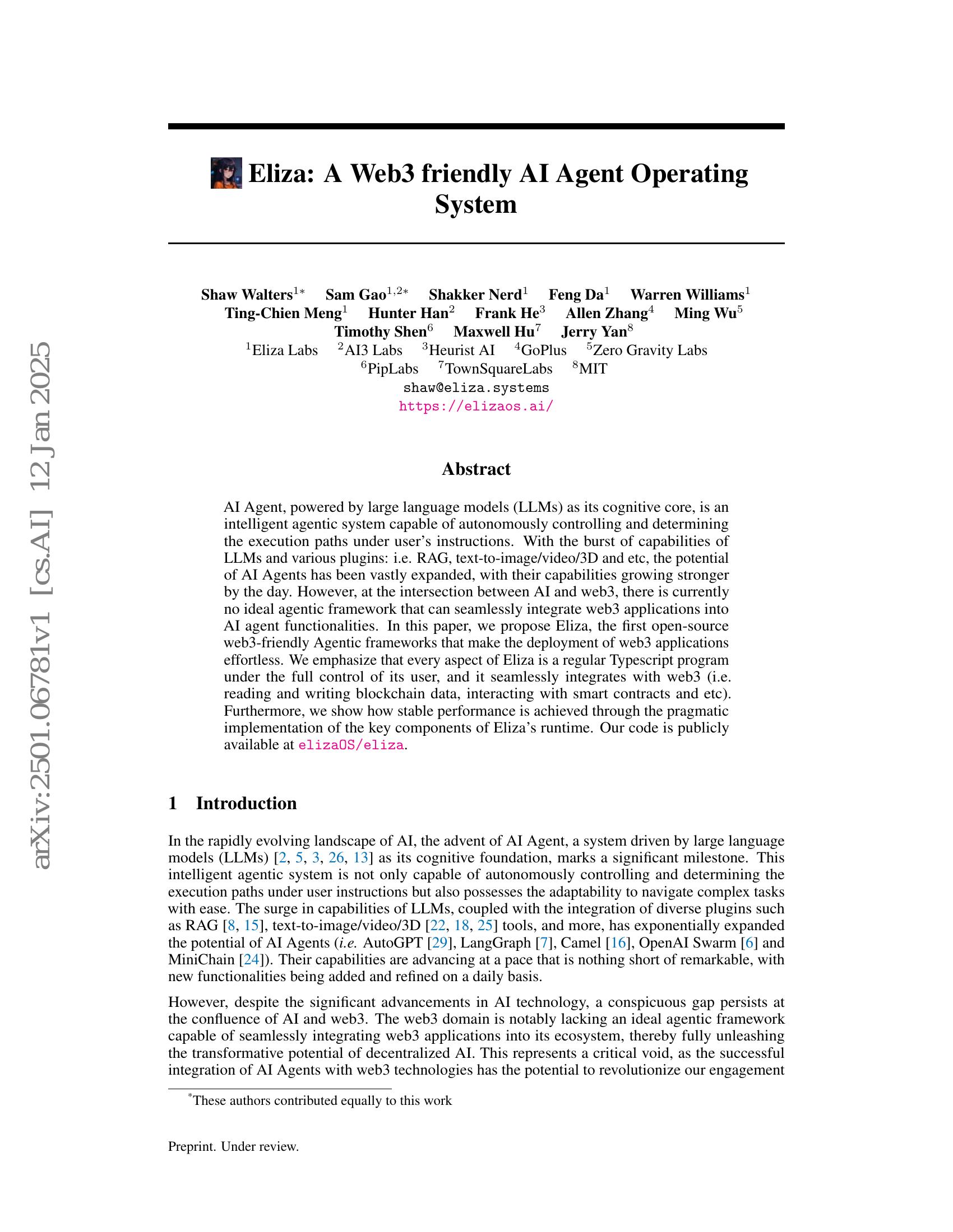 Eliza: A Web3 friendly AI Agent Operating System - 智源社区论文