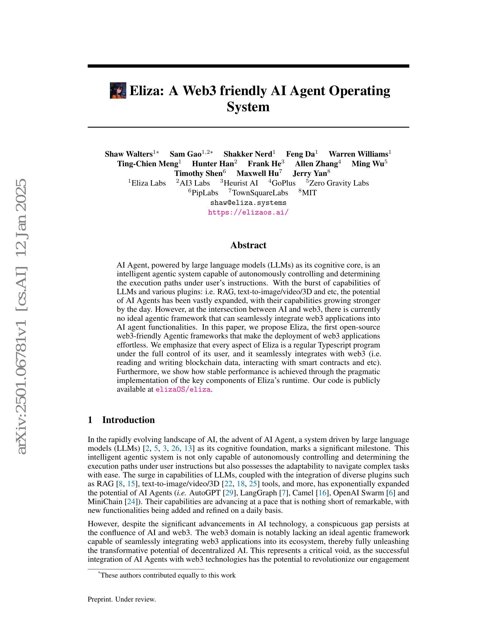 Eliza: A Web3 friendly AI Agent Operating System - 智源社区论文