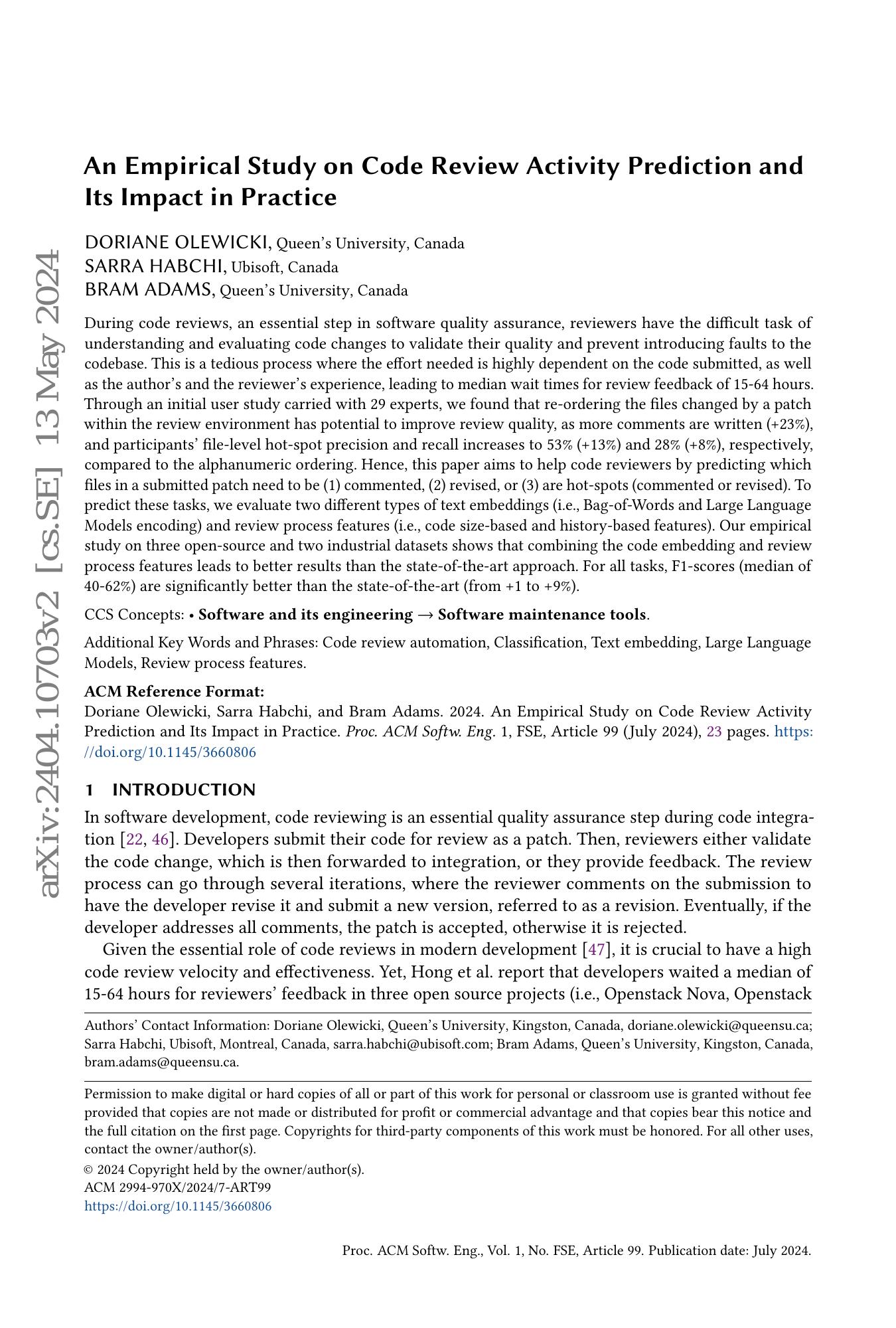 An Empirical Study on Code Review Activity Prediction and Its Impact in ...