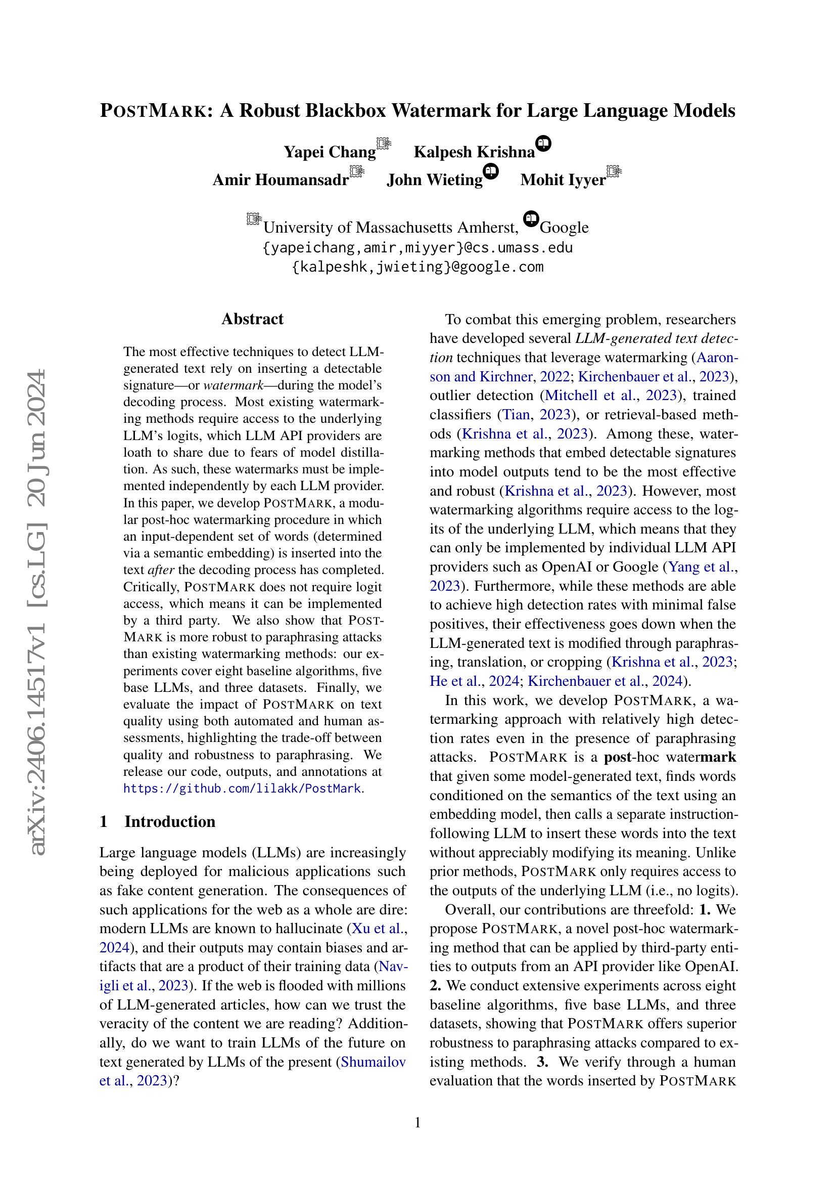 PostMark: A Robust Blackbox Watermark for Large Language Models - 智源社区论文