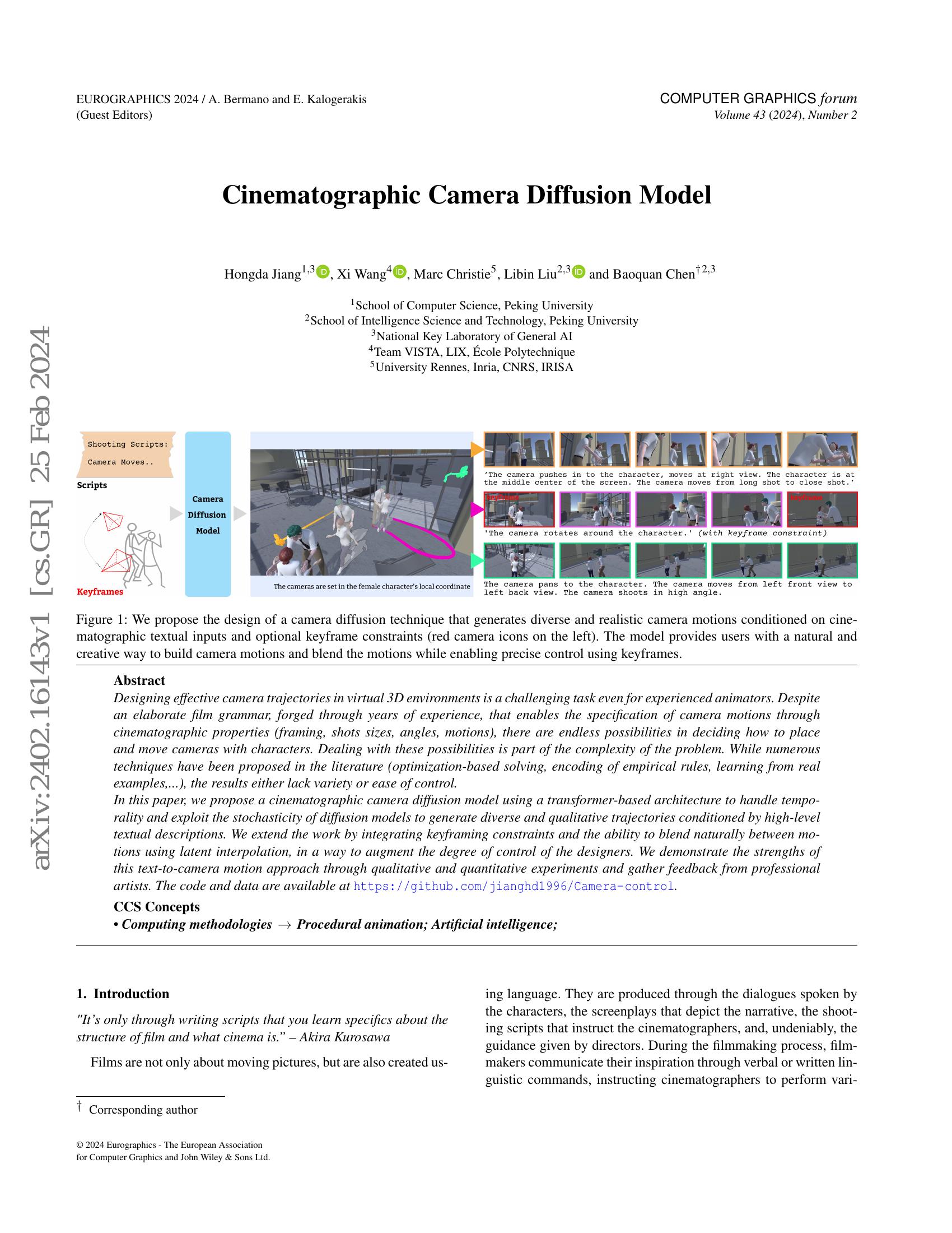 Cinematographic Camera Diffusion Model - 智源社区论文
