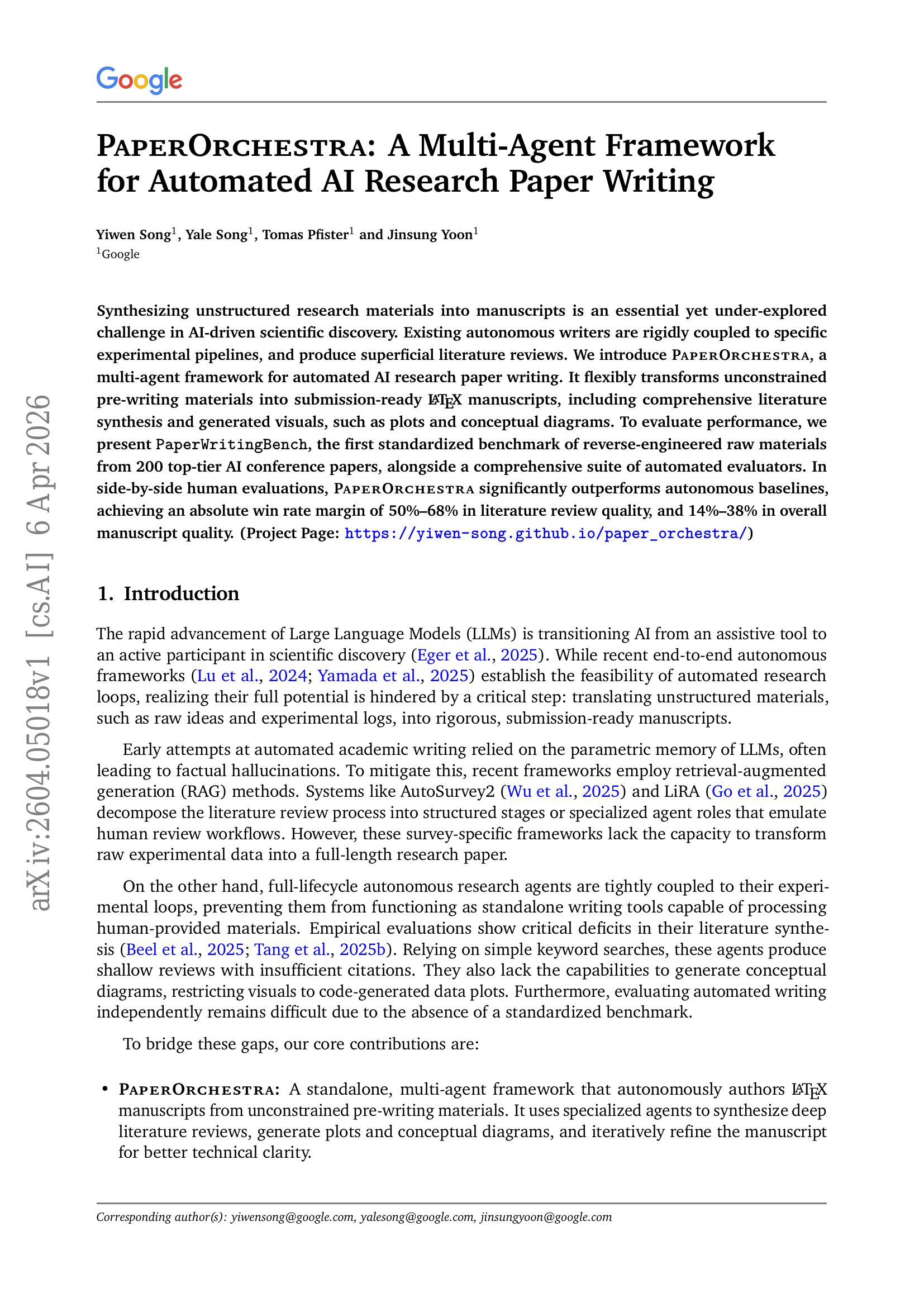 PaperOrchestra: A Multi-Agent Framework for Automated AI Research Paper ...