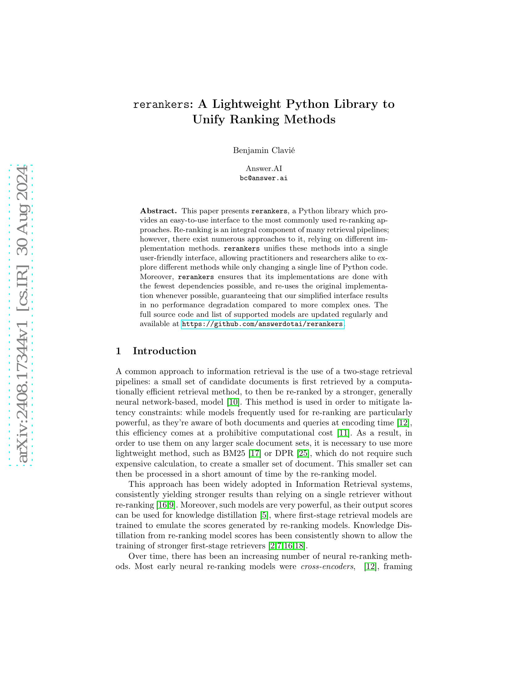 rerankers: A Lightweight Python Library to Unify Ranking Methods - 智源社区论文
