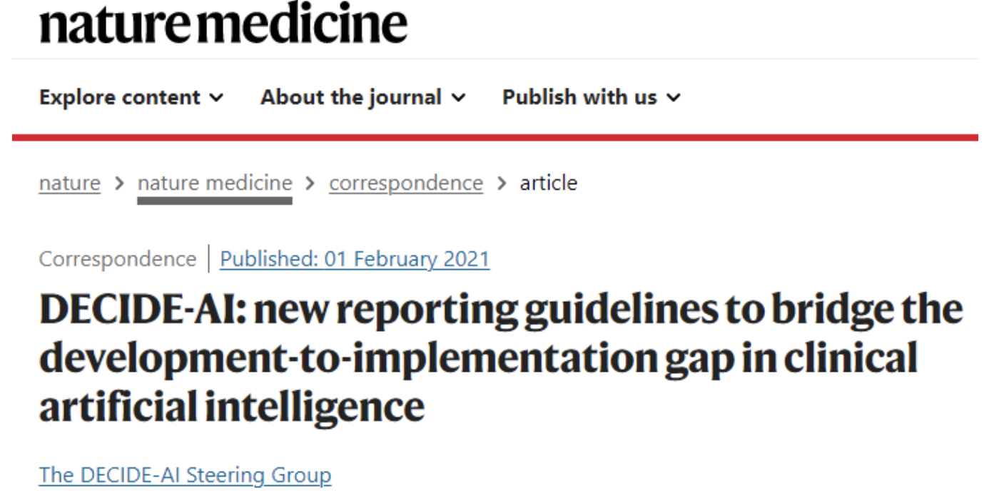 Nature Medicine AI与临床相结合，最新DECIDEAI指南助力临床人工智能从开发到实施 智源社区