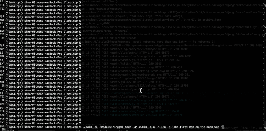 在我的笔记本电脑上显示LLaMA的动画GIF完成了关于月球上第一个人的提示-只需要几秒钟就能完成并输出关于尼尔·阿姆斯特朗的信息