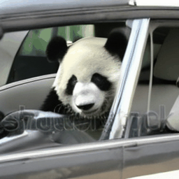A panda bear driving a car.