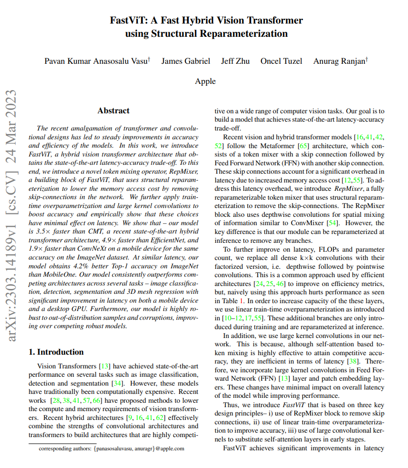 Apple | FastViT：一种使用结构重参数化的快速混合视觉Transformer