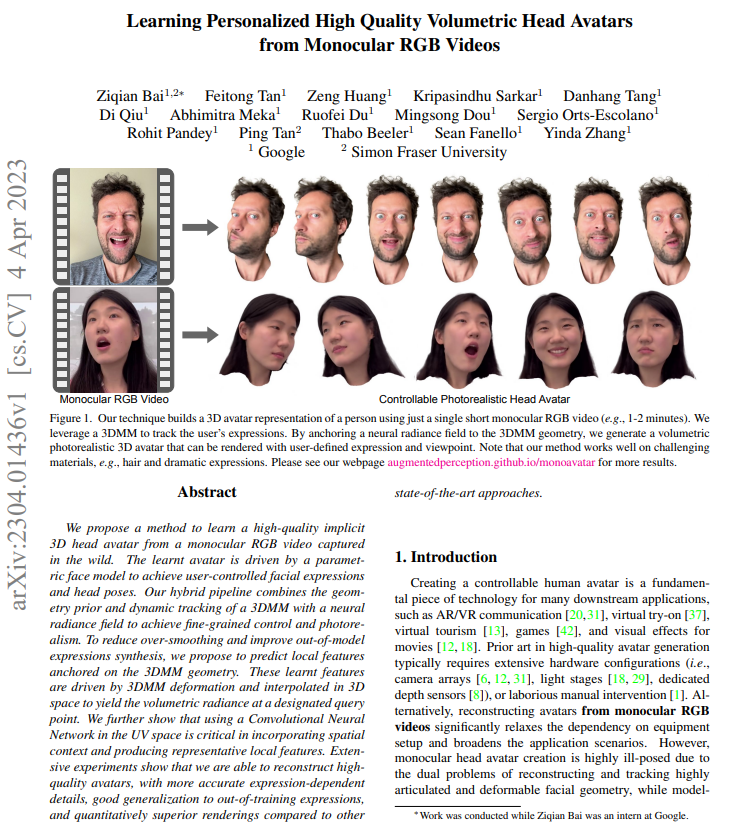 谷歌 | 从单目RGB视频中学习个性化高质量头像